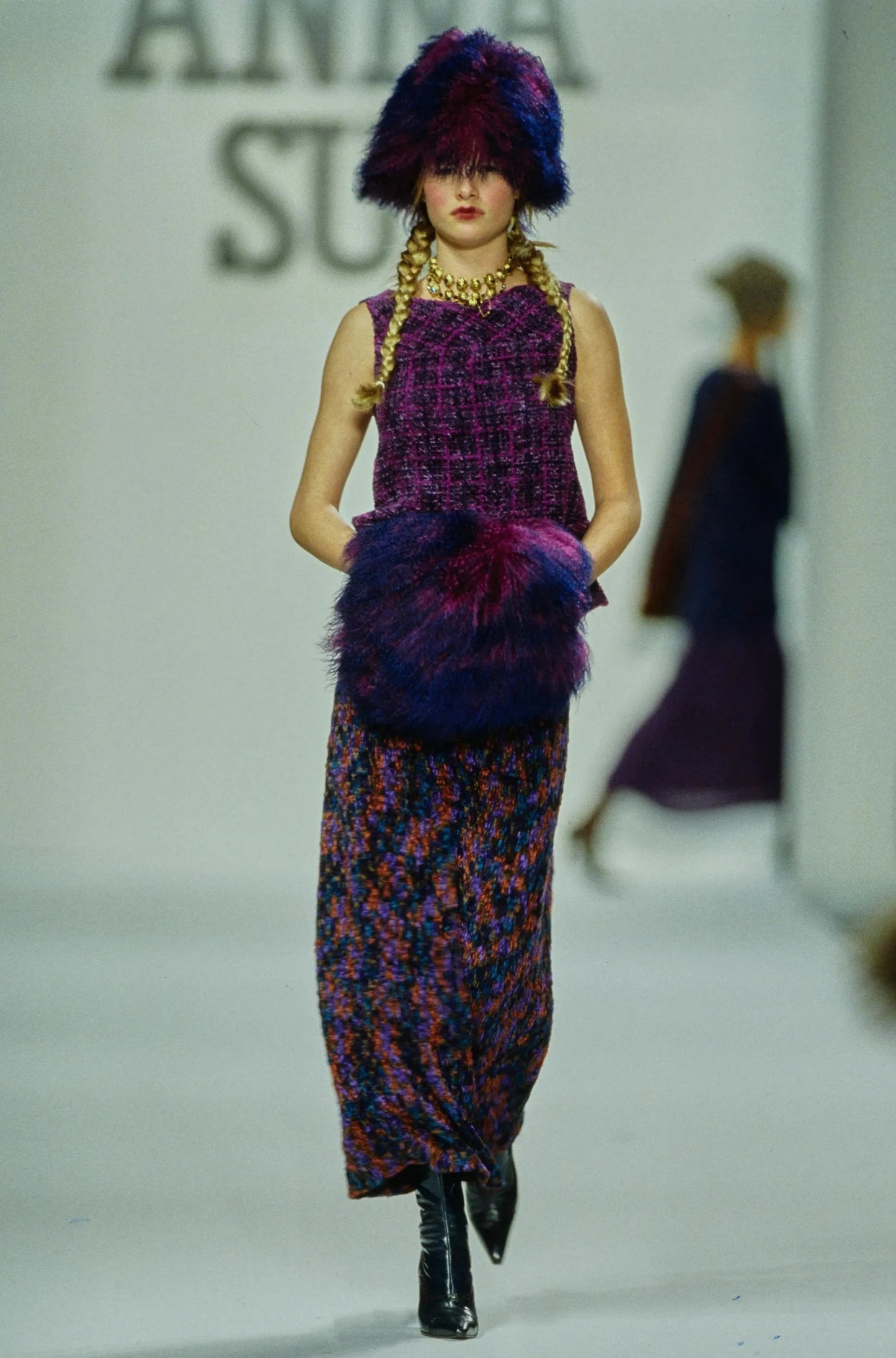 Anna Sui Fall 1998 Purple Chenille Knit Midi Skirt