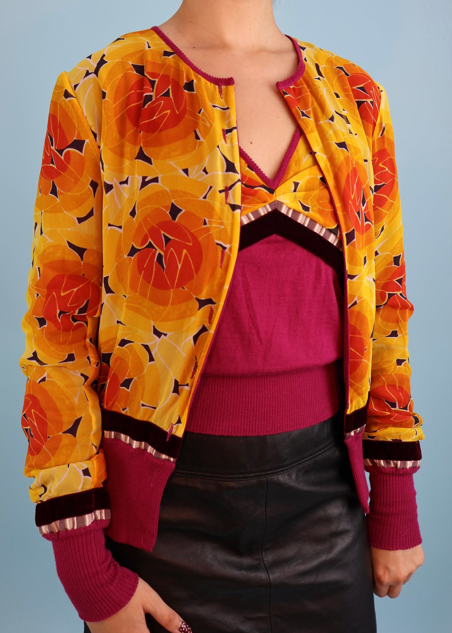John Galliano Orange & Pink Silk Chiffon & Knitted Tank Top & Cardigan Twin Set
