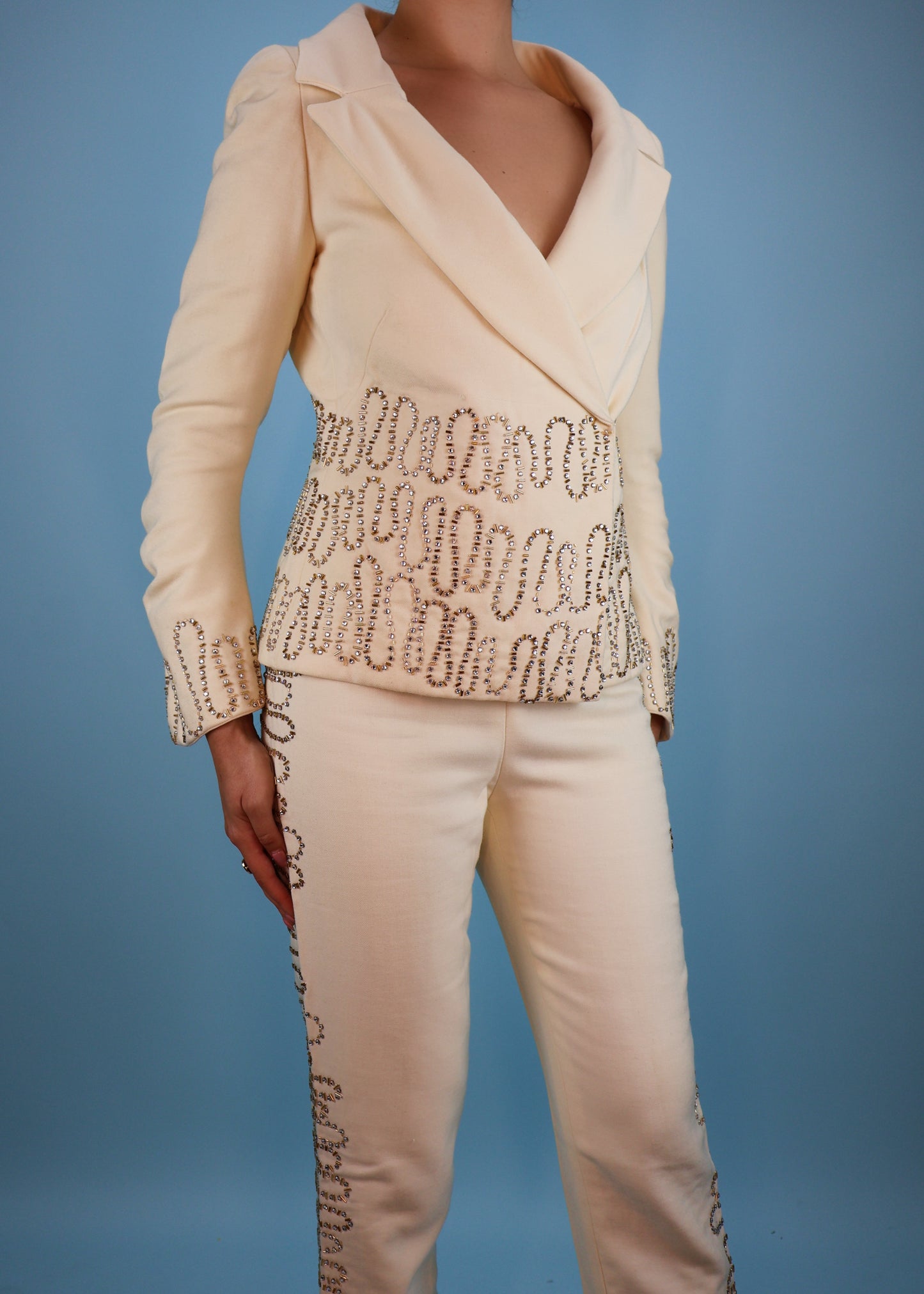 Atelier Versace Fall 1999 Runway Cream Crystal Embellished Jacket & Pants Suit Set