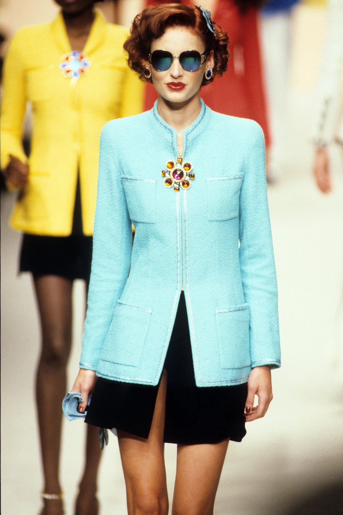 Chanel Spring 1995 Runway Blue Boucle Zip Jacket & Skirt Suit Set