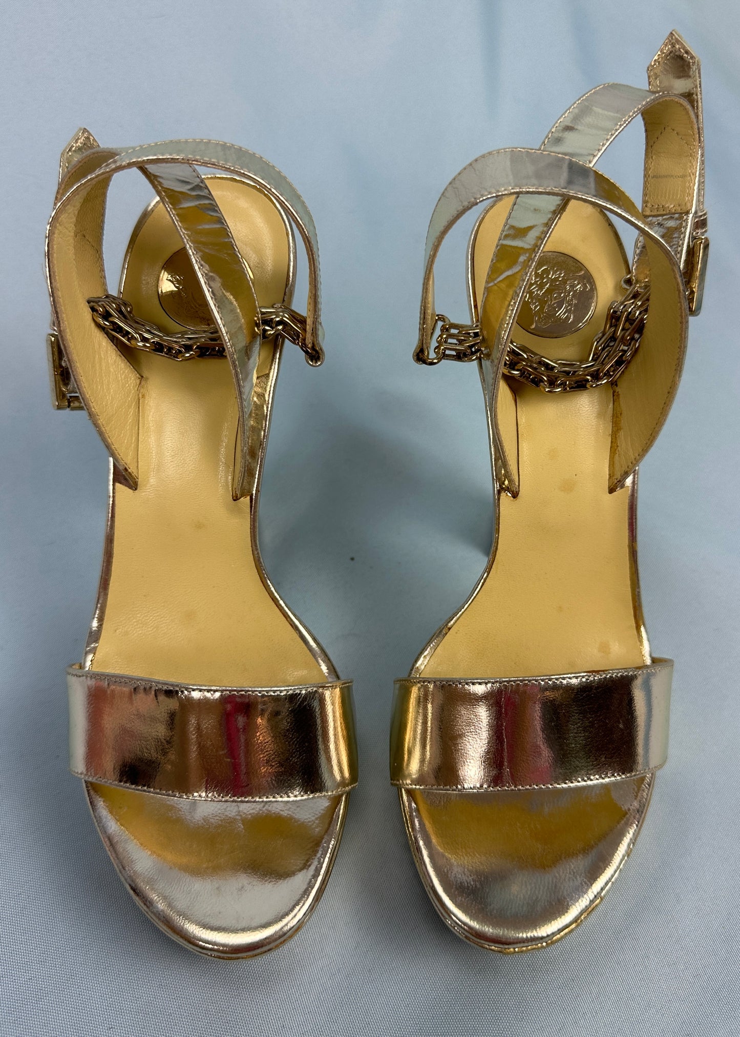 Versace Metallic Gold Chain Detail Platform Heels