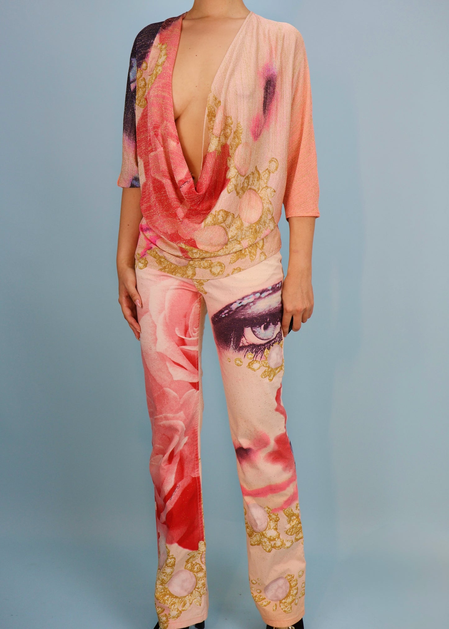 Roberto Cavalli Spring 2001 Runway Pink Face Print Cowl Knit Top & Jeans Set