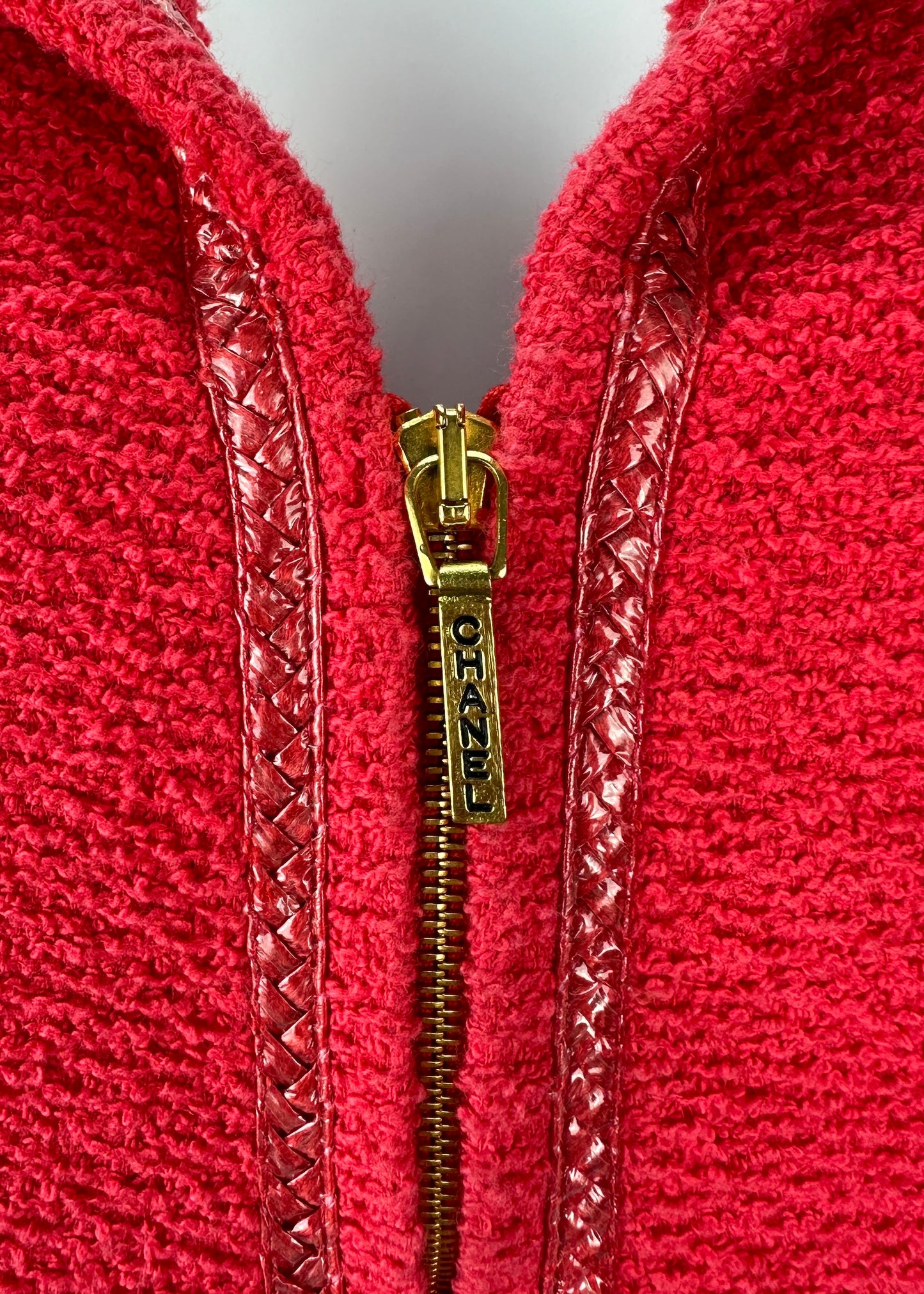 Chanel Spring 1995 Runway Red Boucle Zip Jacket & Skirt Suit Set