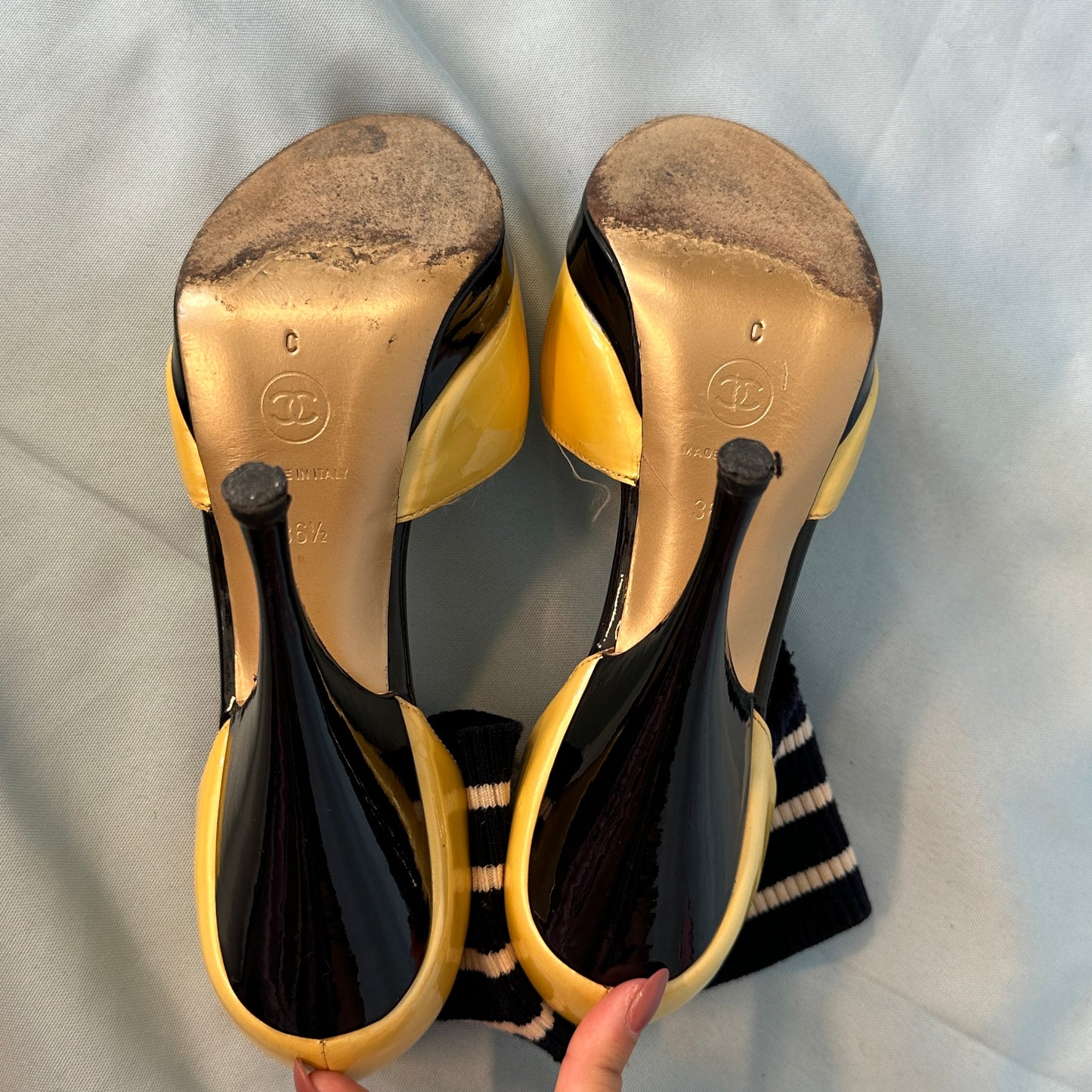 Chanel 2008 Runway Yellow & Black Patent Stripe Sock Heels