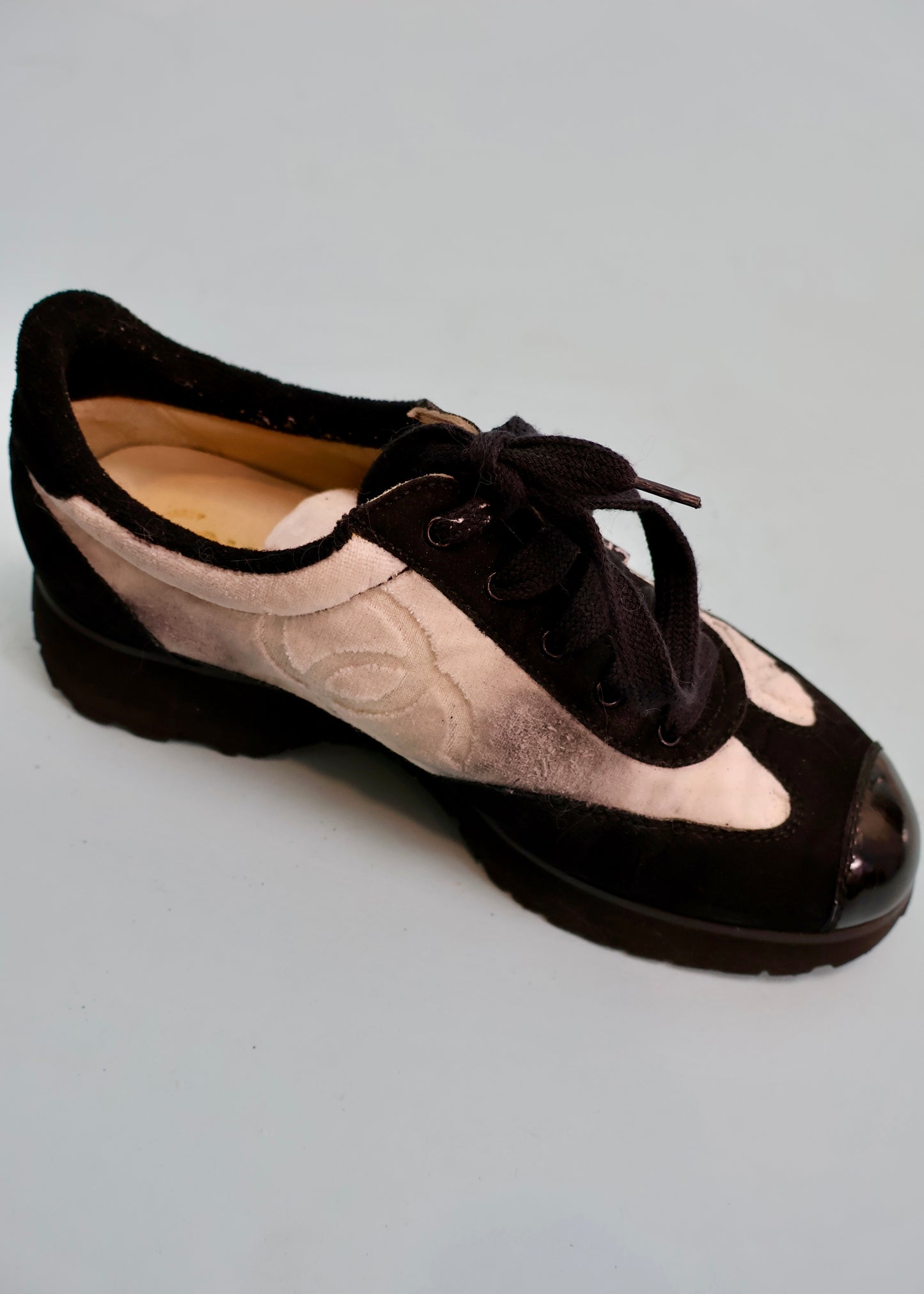 Chanel Spring 1996 Runway White Velour CC Monogram Shoes