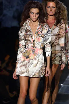 Roberto Cavalli Spring 2004 Feather Print Silk Skirt & Feather Embellished Top Set