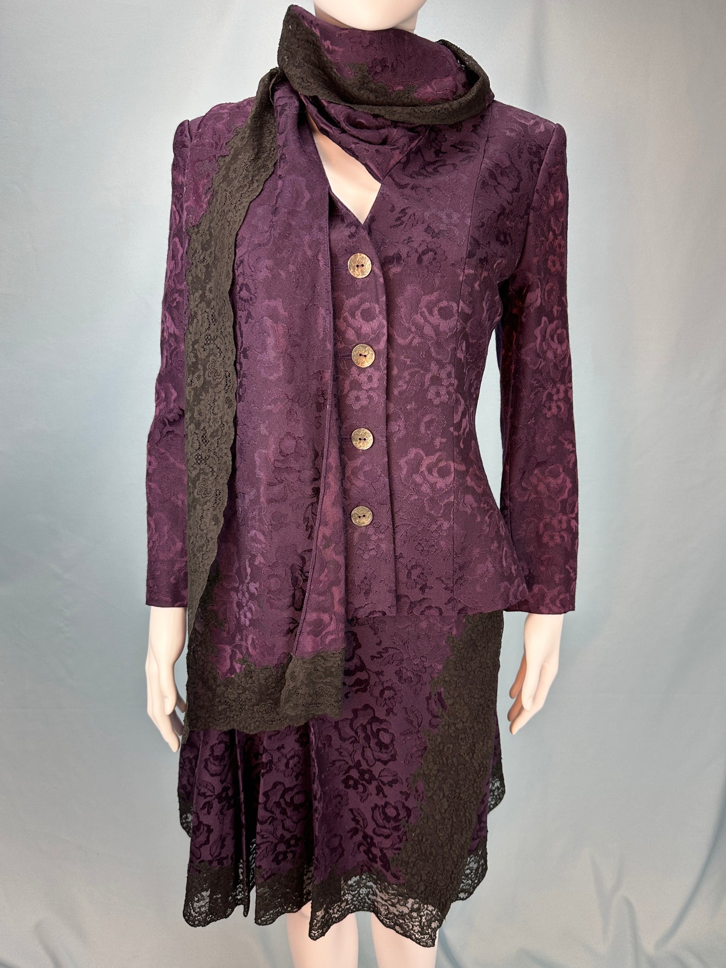 Dior Fall 1998 Purple Silk Brocade and Lace Skirt & Jacket Set