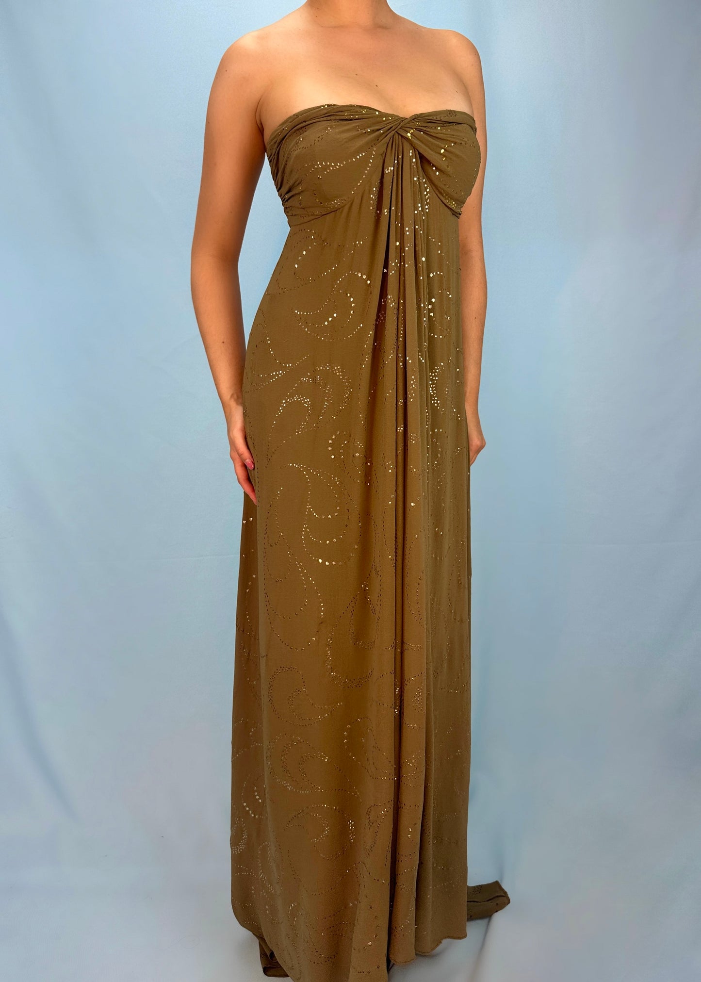 Celine Spring 2003 Runway Khaki Silk Chiffon Embellished Dress