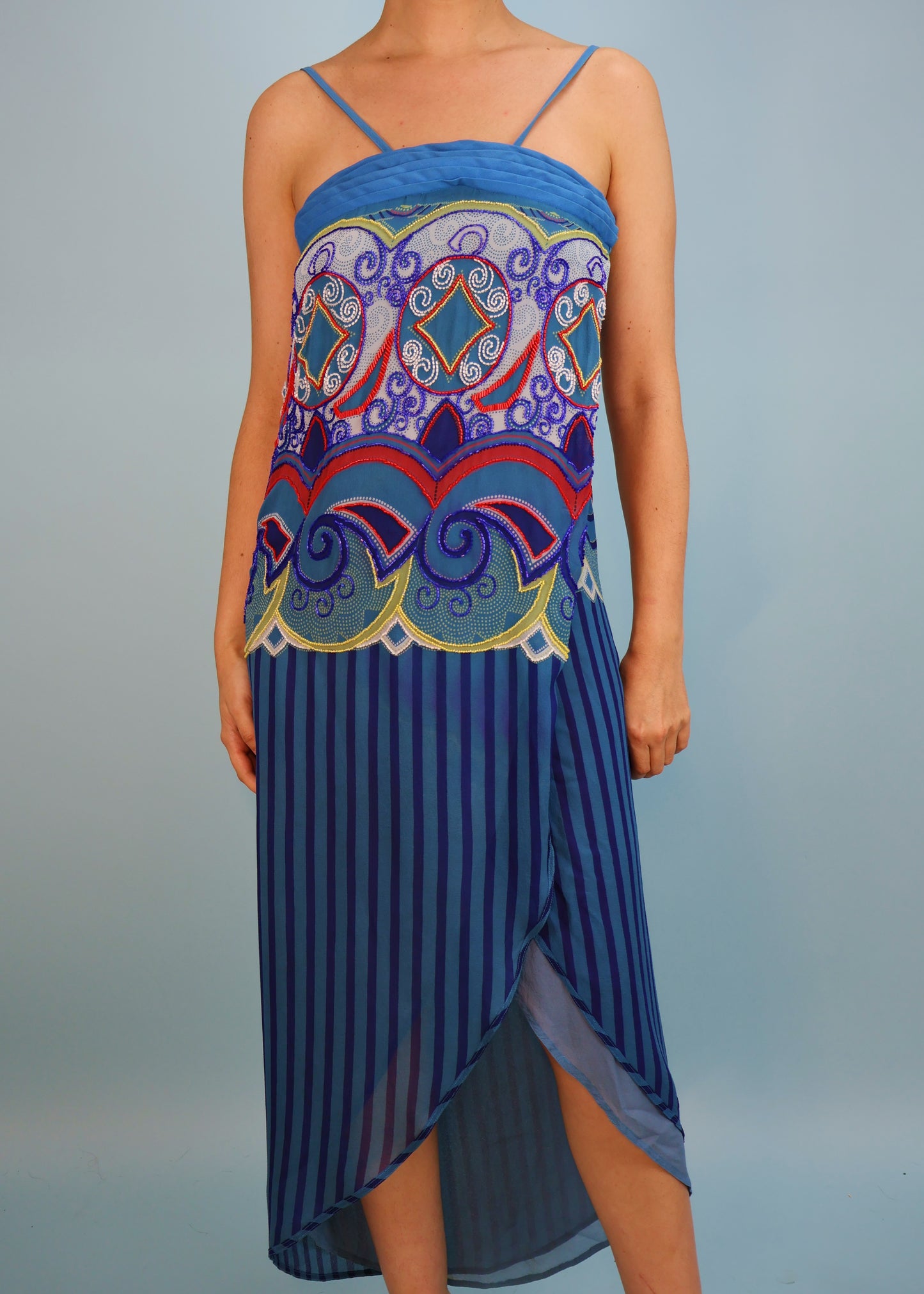 Versace Spring 1982 Runway Blue Embellished Striped Silk Chiffon Dress