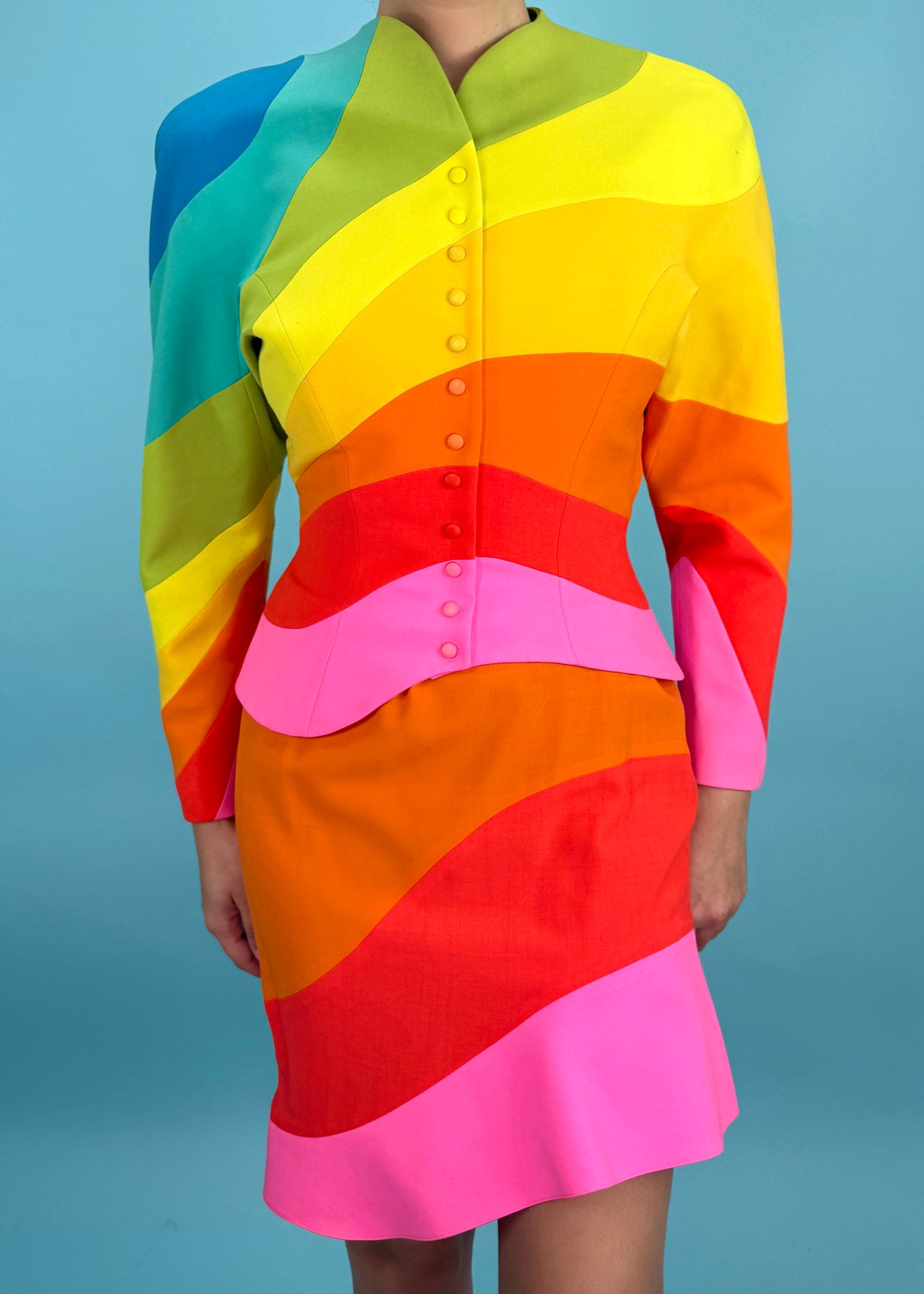 Thierry Mugler Spring 1990 Runway "Arc En Ciel" Rainbow Jacket & Skirt Suit