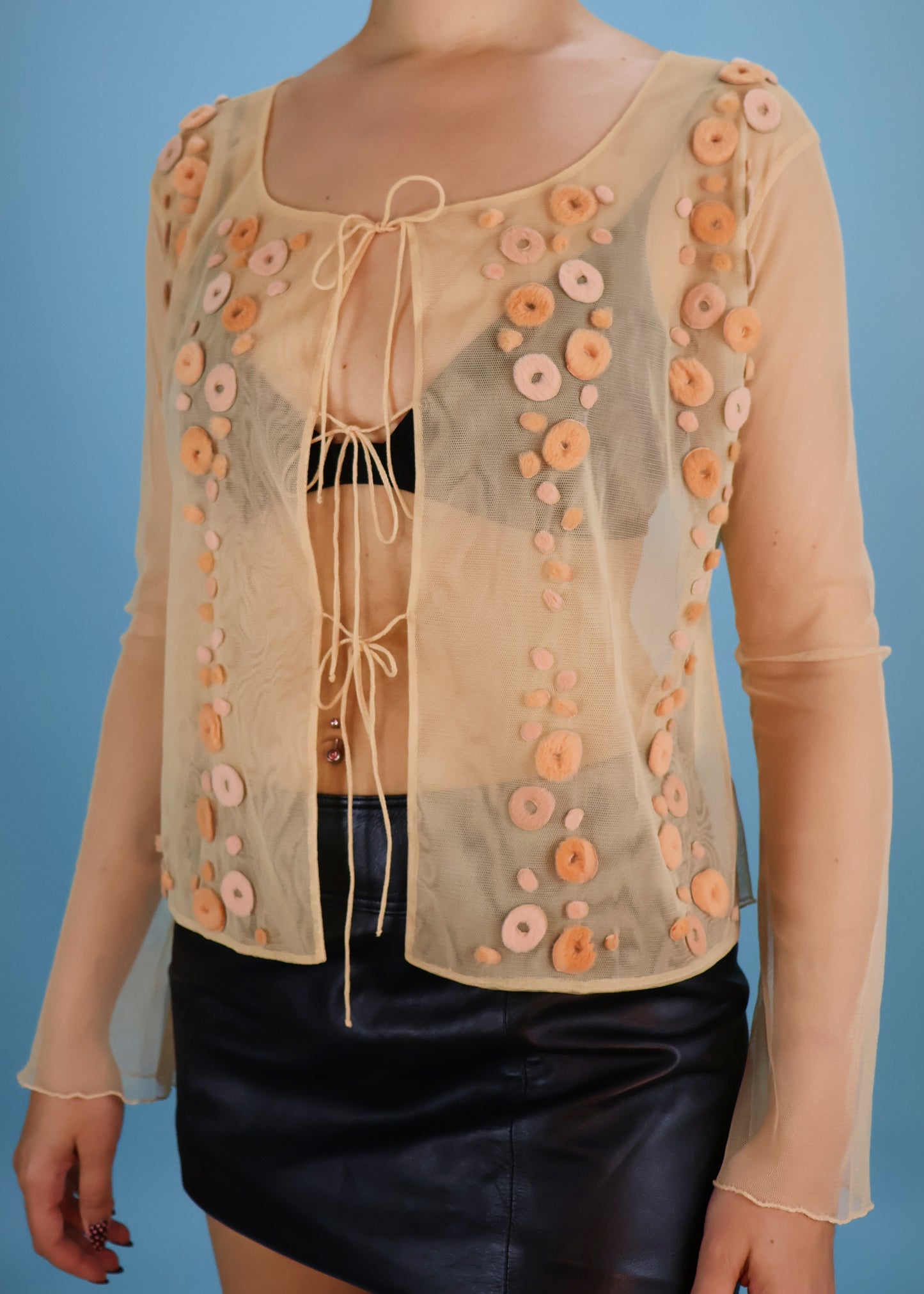 Fendi Mesh & Fur Appliqué Tie Up Top