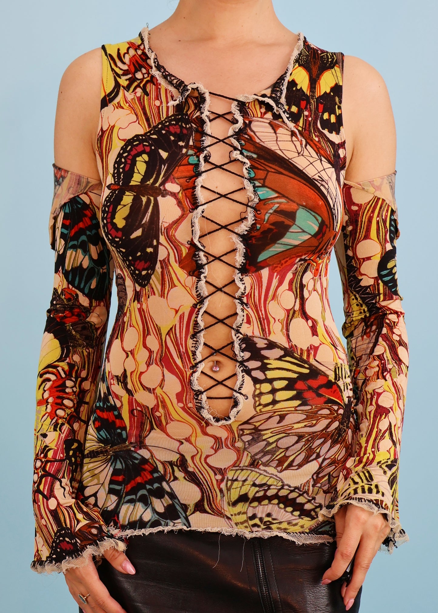 Jean Paul Gaultier Spring 2003 Butterfly Print Lace Up Top & Scarf Set