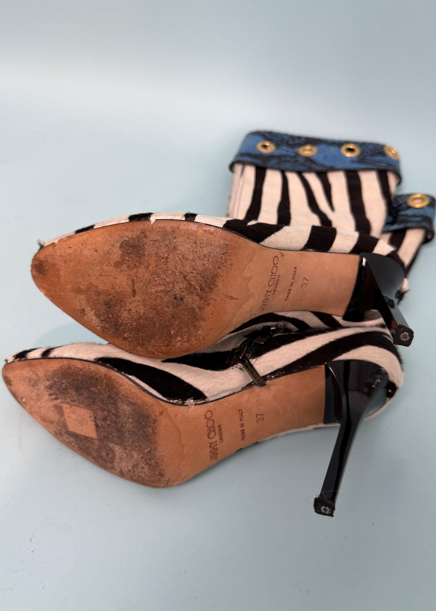Jimmy Choo Zebra Ponyhair & Blue Snakeskin Heeled Boots