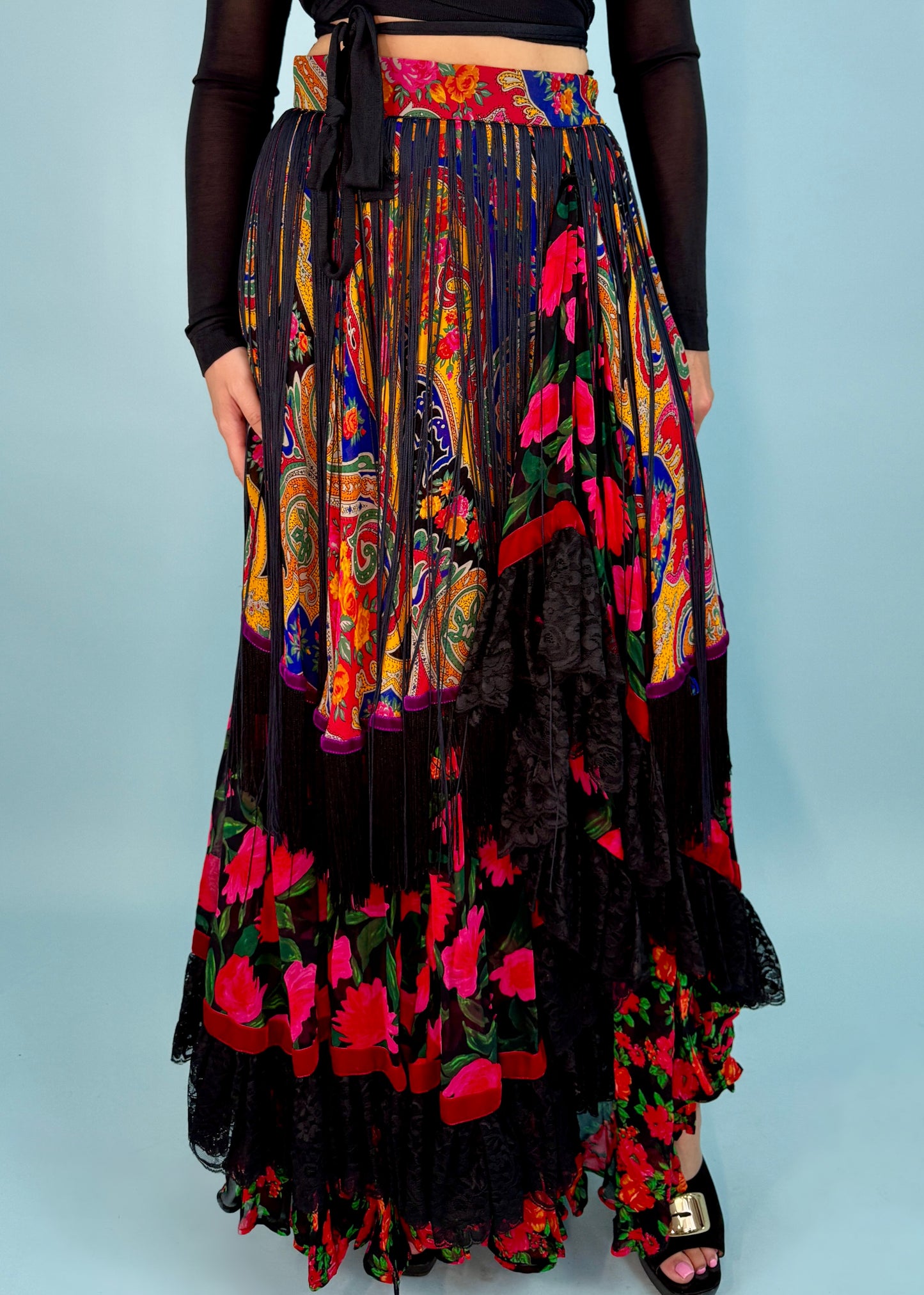 Dolce & Gabbana Fall 1993 Runway Multi Print Tiered Fringed Maxi Skirt