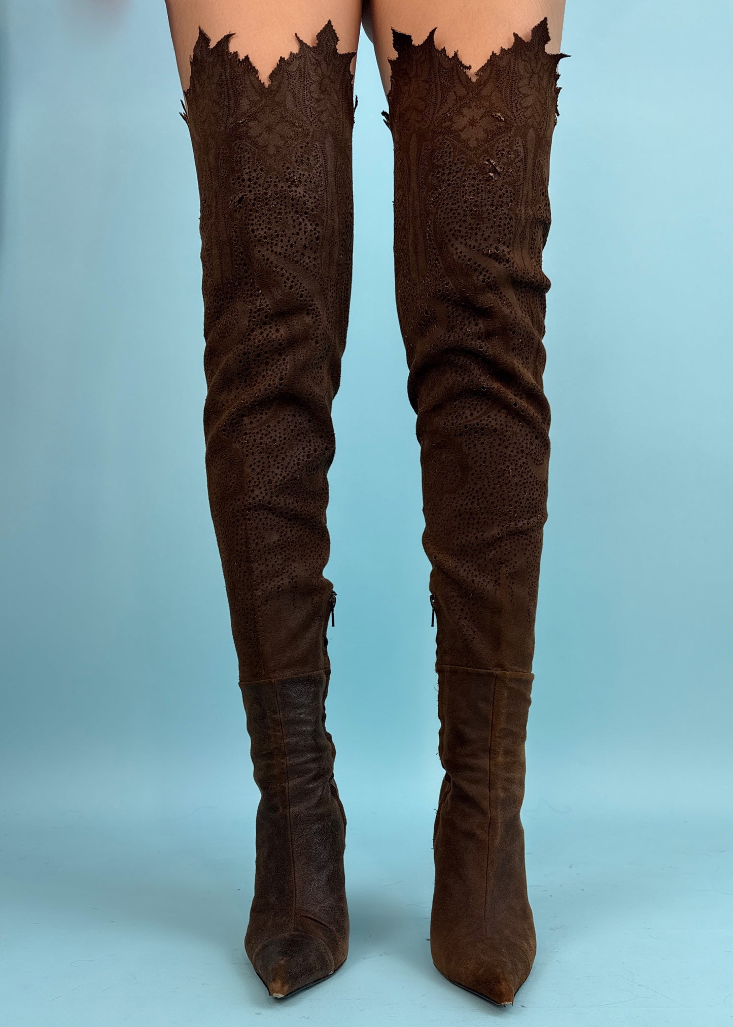 Roberto Cavalli Fall 2001 Runway Suede Perforated Thigh High Heeled Boots