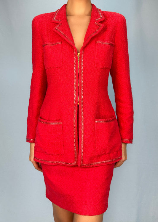Chanel Spring 1995 Runway Red Boucle Zip Jacket & Skirt Suit Set