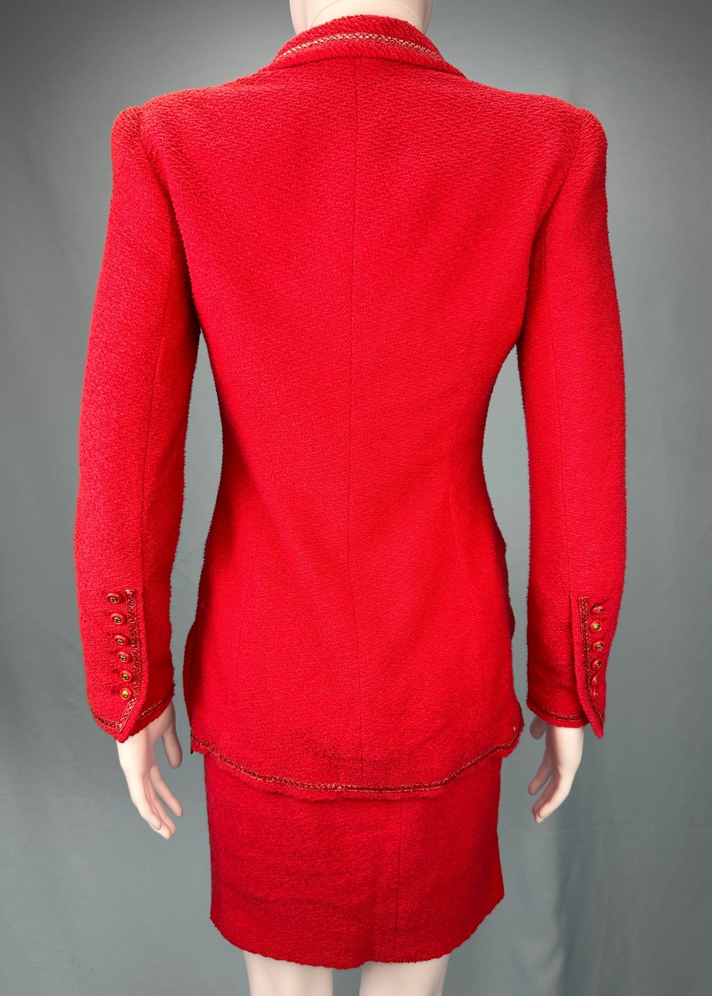 Chanel Spring 1995 Runway Red Boucle Zip Jacket & Skirt Suit Set