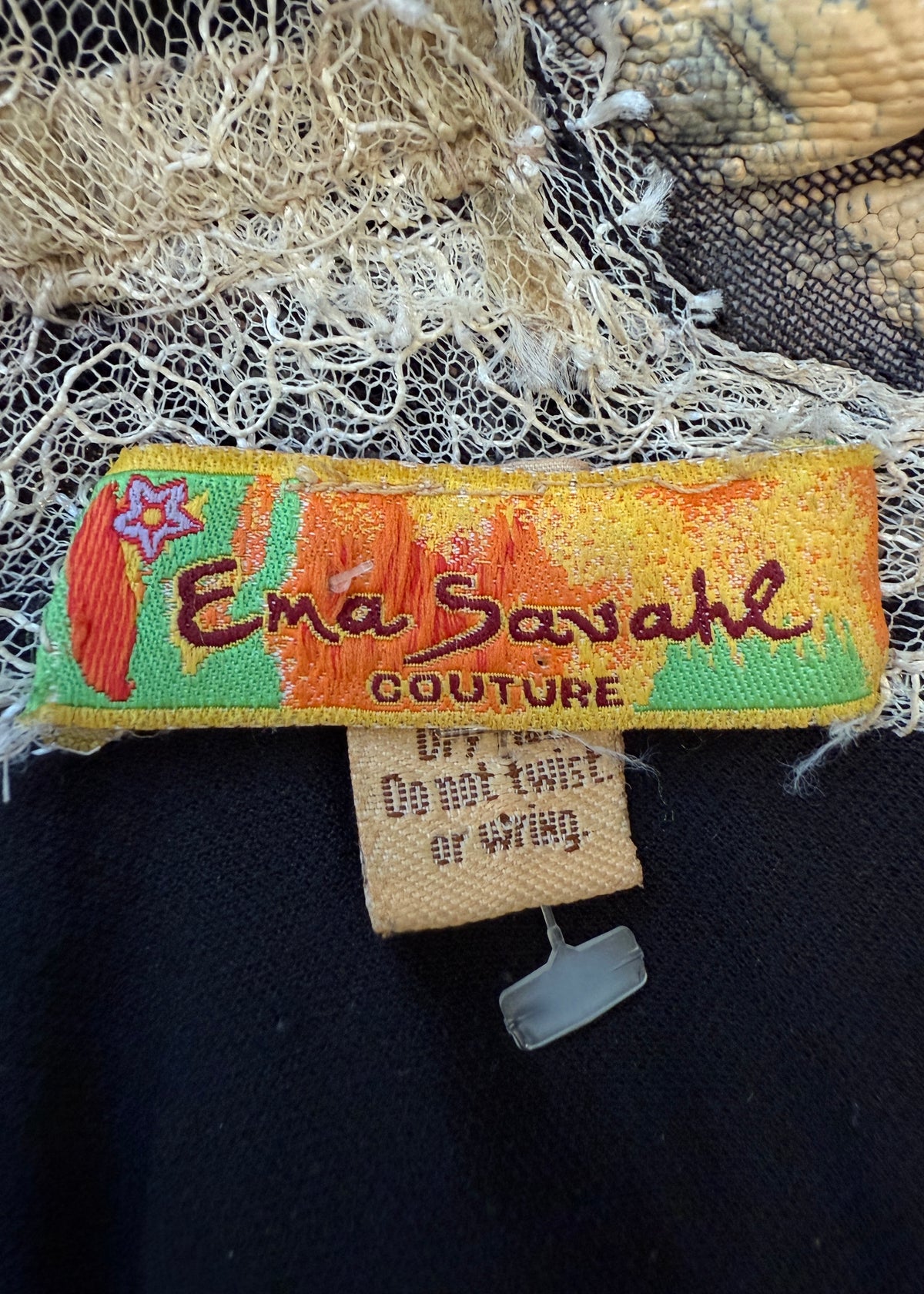 Ema Savahl Couture Hand Painted Floral & Black Lace Gown