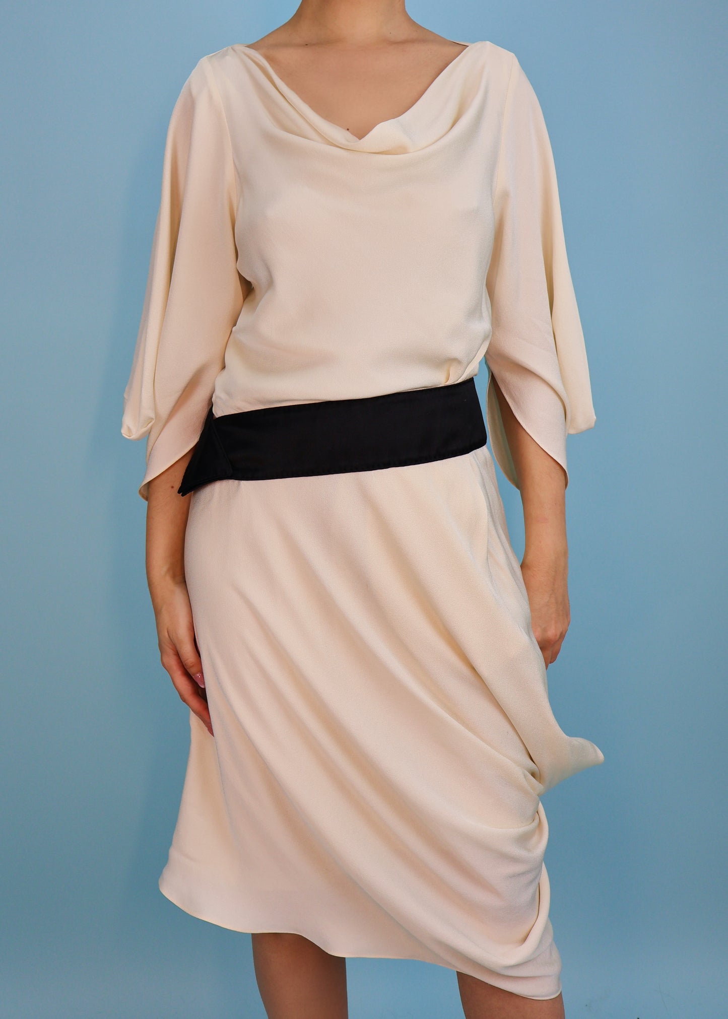 Alexander McQueen Fall 2007 Ivory & Black Asymmetric Draped Silk Dress