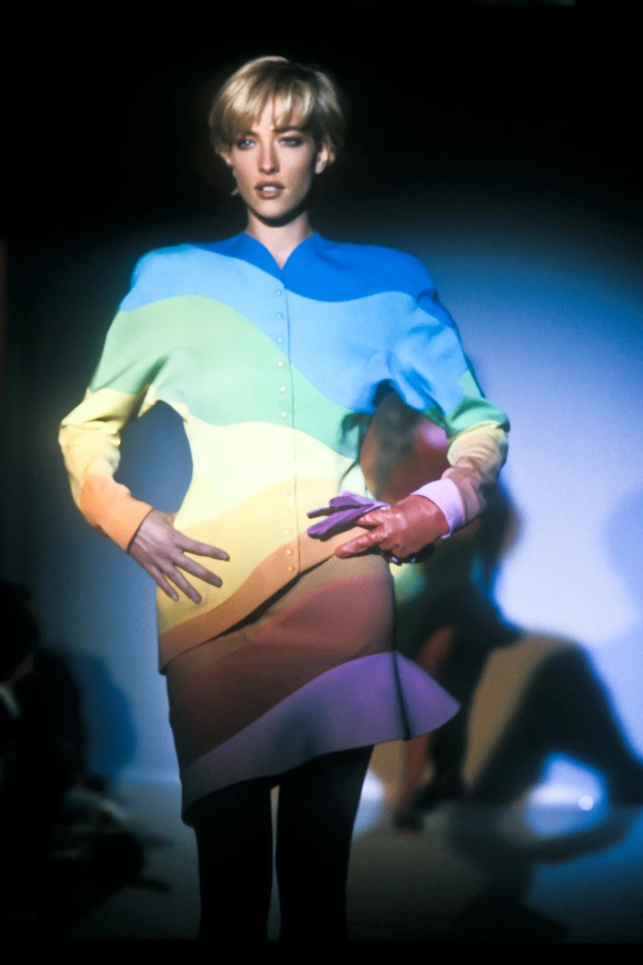 Thierry Mugler Spring 1990 Runway "Arc En Ciel" Rainbow Jacket & Skirt Suit
