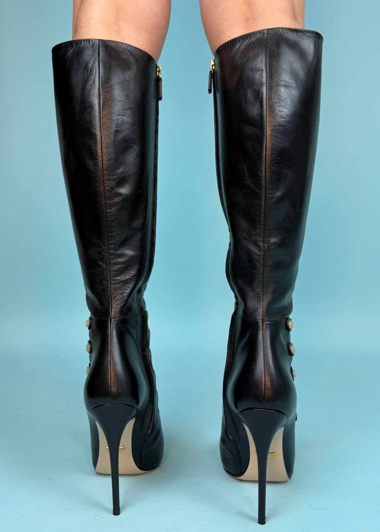 Gucci Black Leather Mother of Pearl Button Heeled Boots