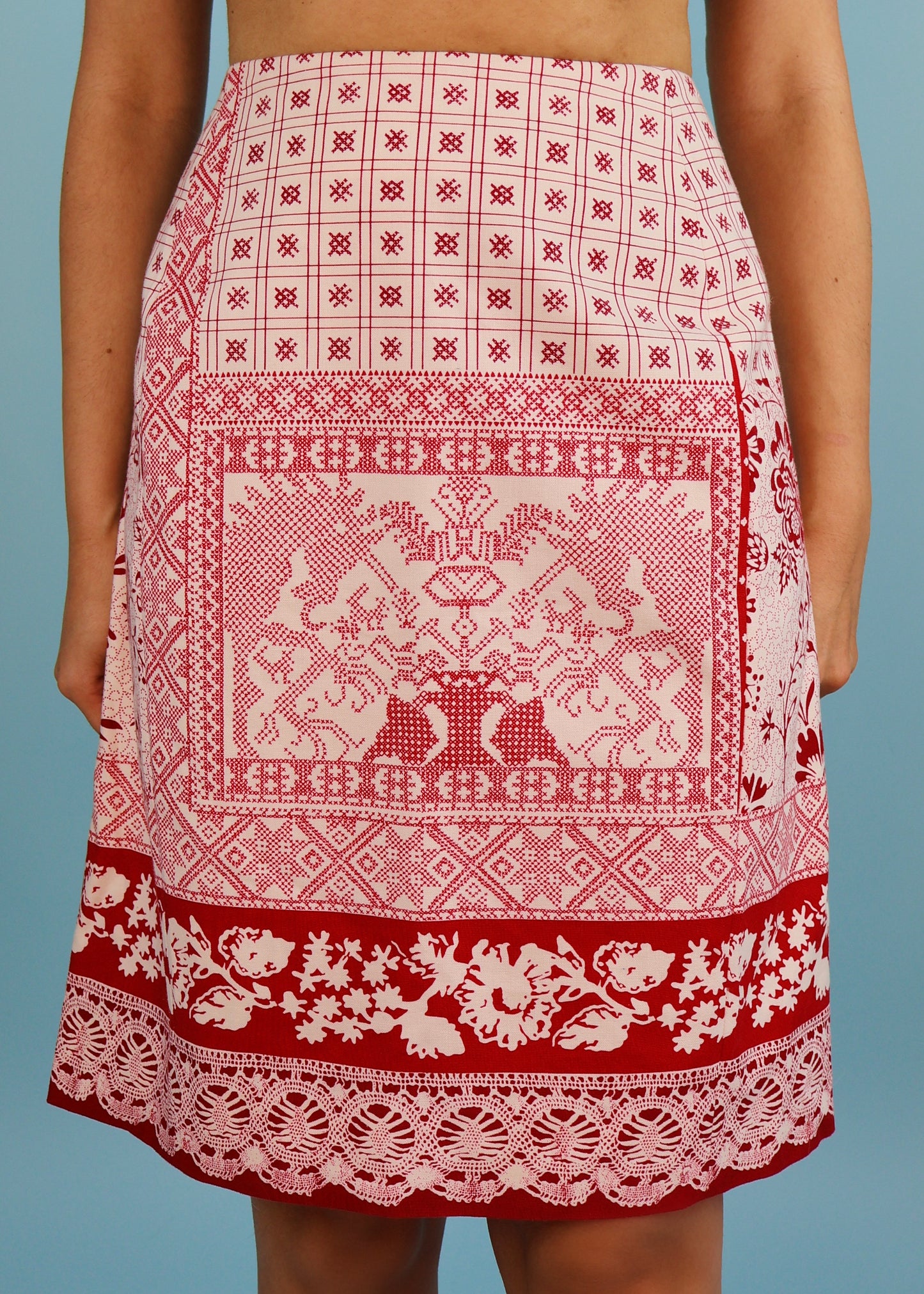 John Galliano Spring 1997 White & Red Cross Stitch Print Skirt