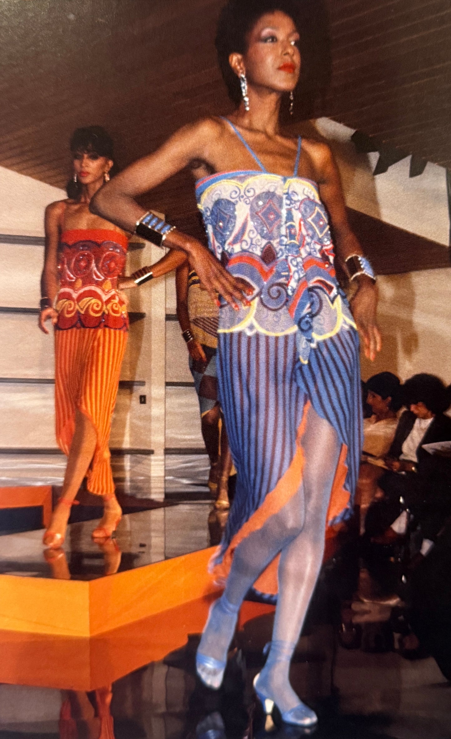 Versace Spring 1982 Runway Blue Embellished Striped Silk Chiffon Dress