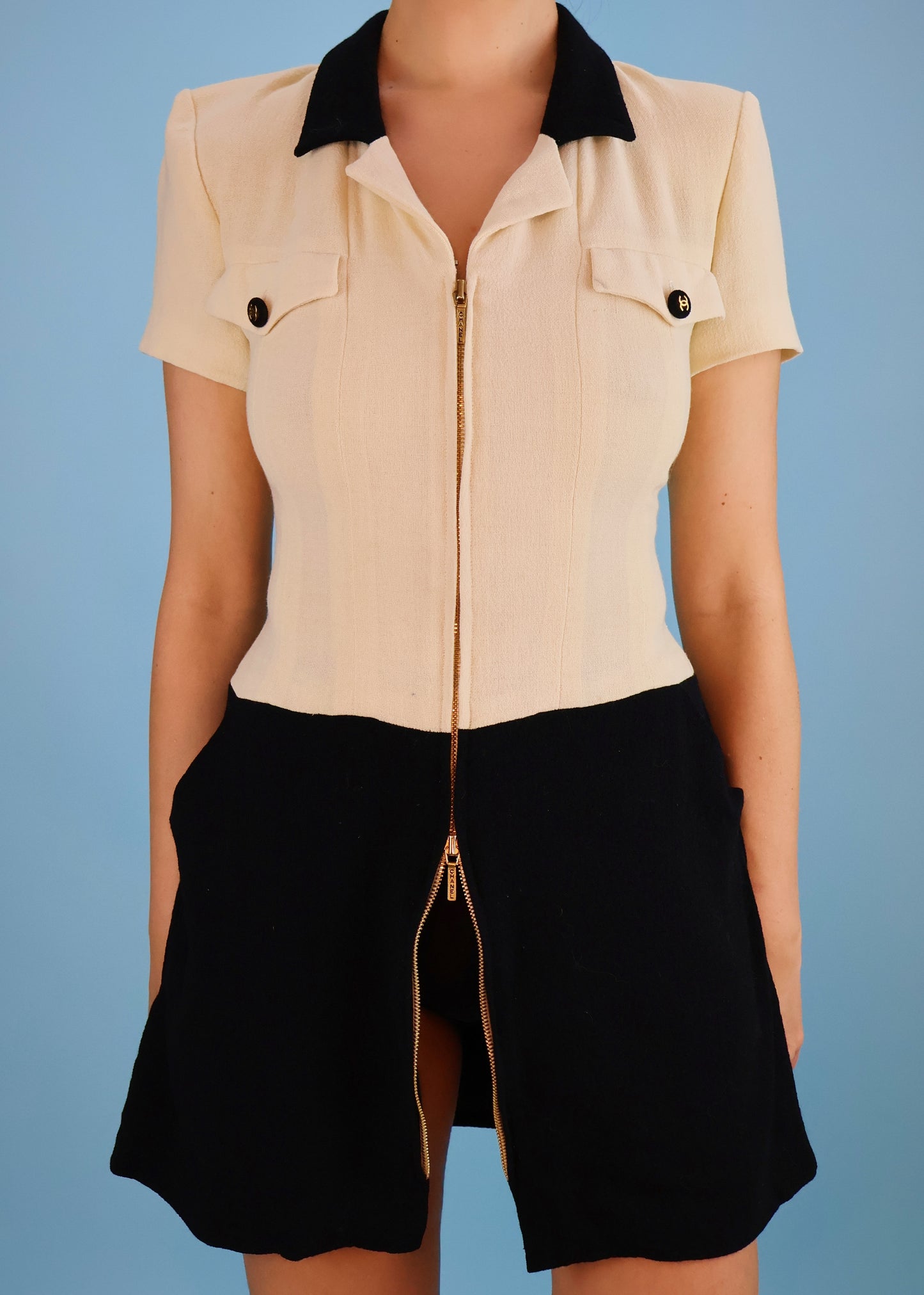 Chanel Spring 1995 Runway Cream & Black Zip Up Mini Dress