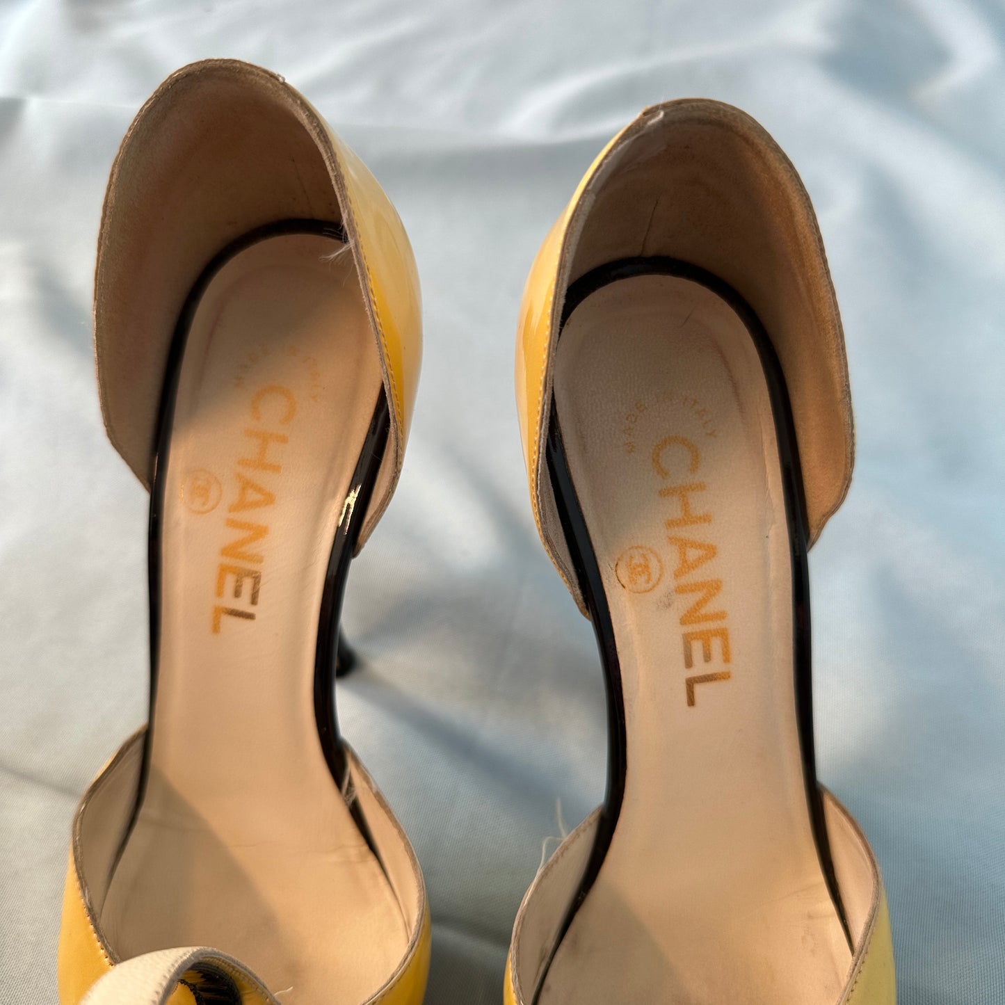Chanel 2008 Runway Yellow & Black Patent Stripe Sock Heels