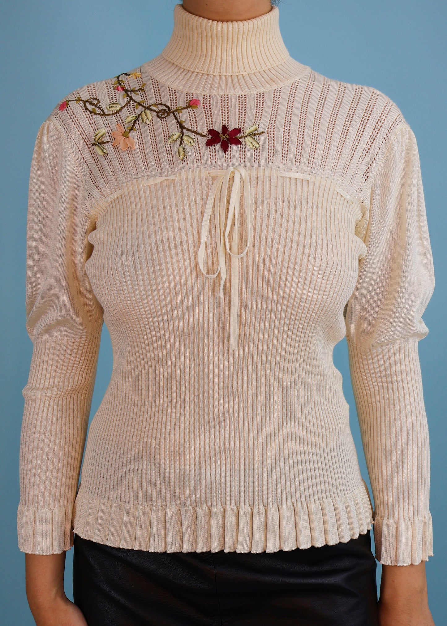 John Galliano Cream Floral Embroidered Knit High Neck Sweater Top