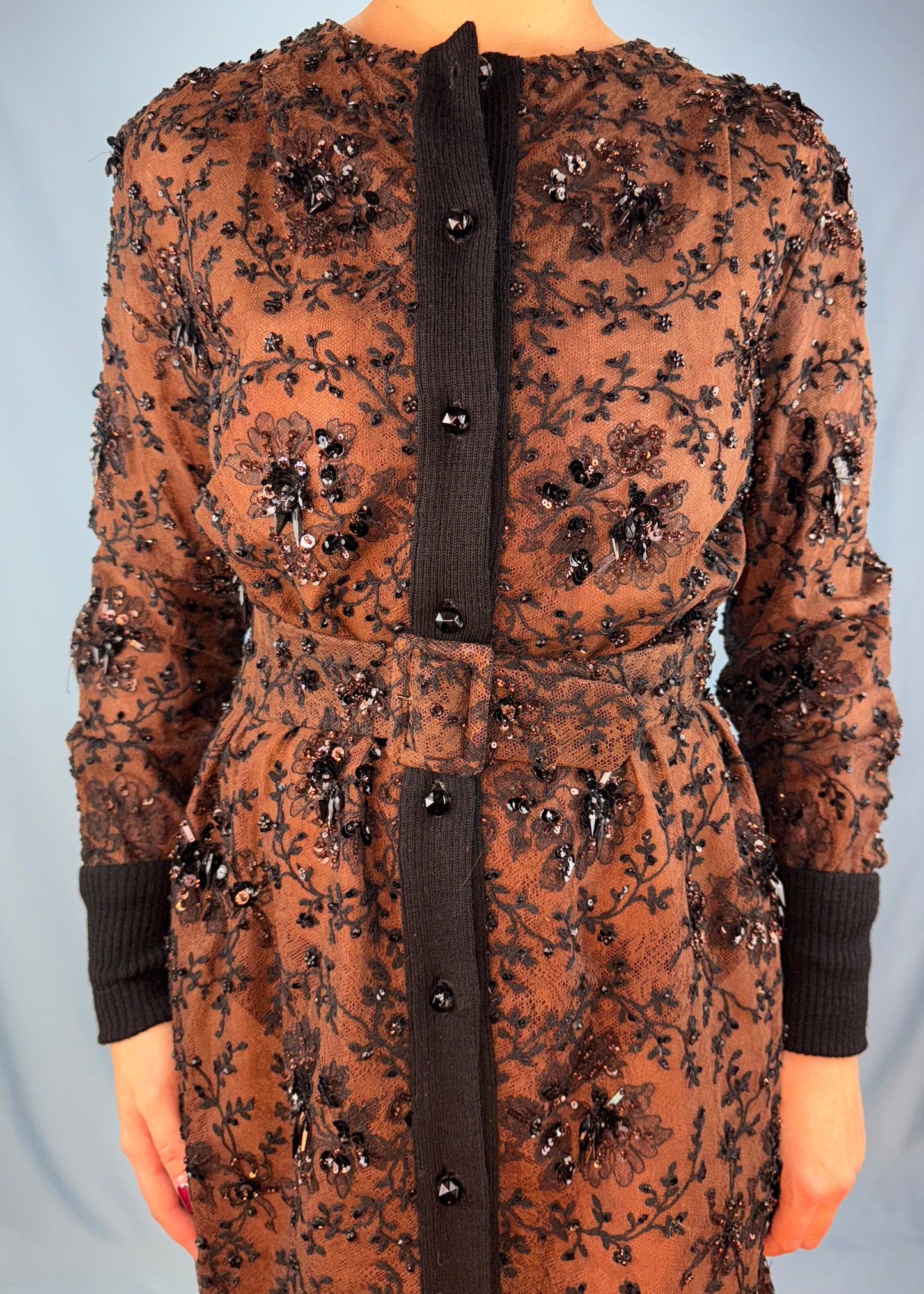 Balmain Brown Embellished Belted Button Down Dress