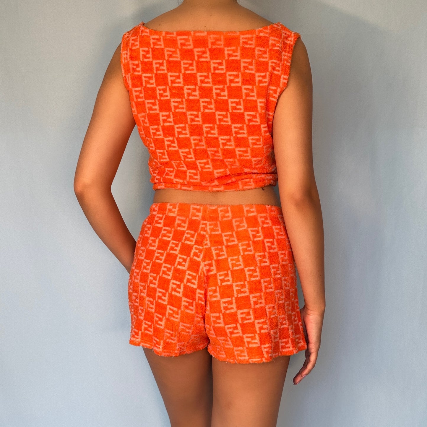 Fendi Orange Zucca Monogram Terry Towelling Shorts & Top Set