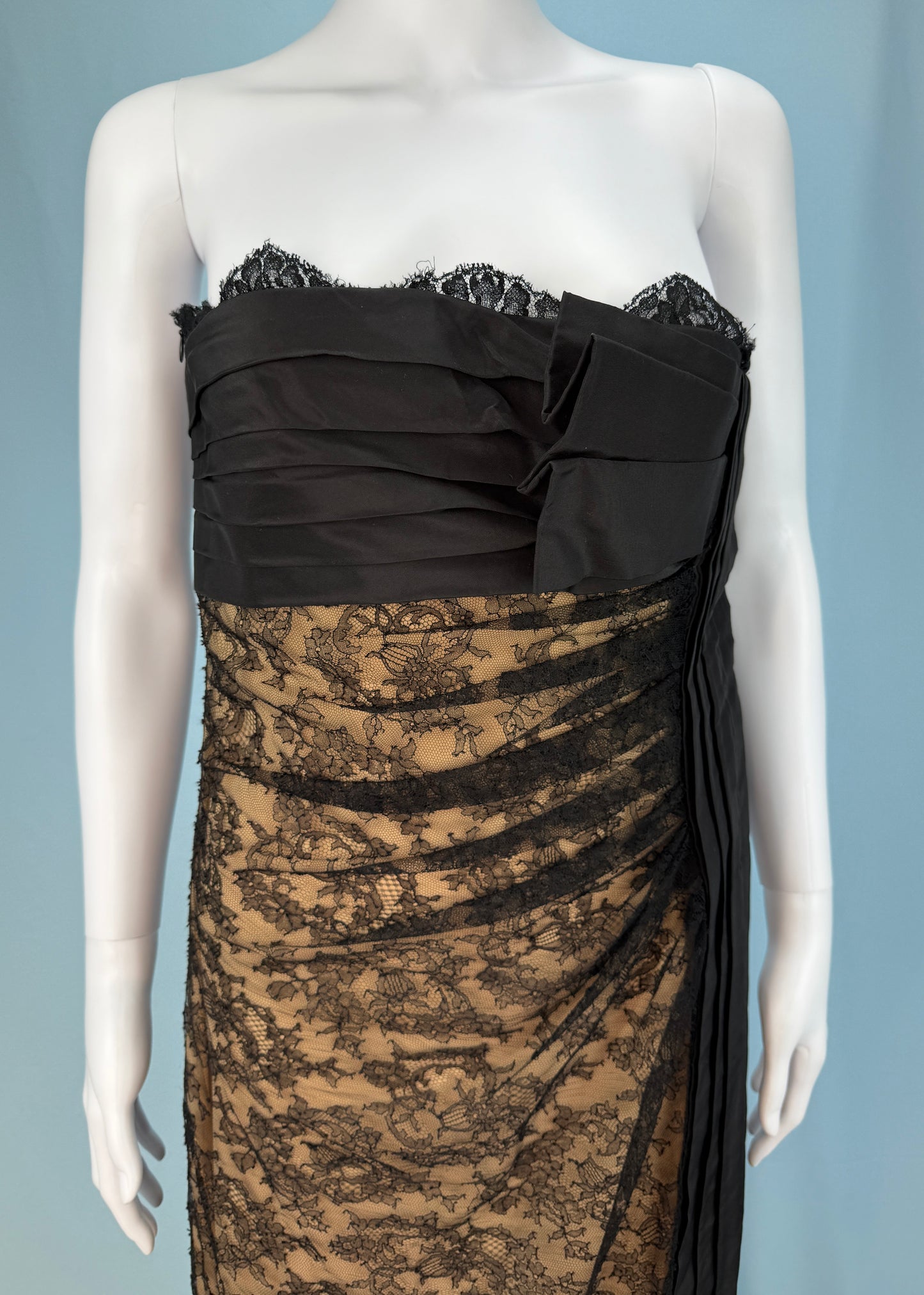 Valentino Nude Silk & Lace Overlay Strapless Gown Dress
