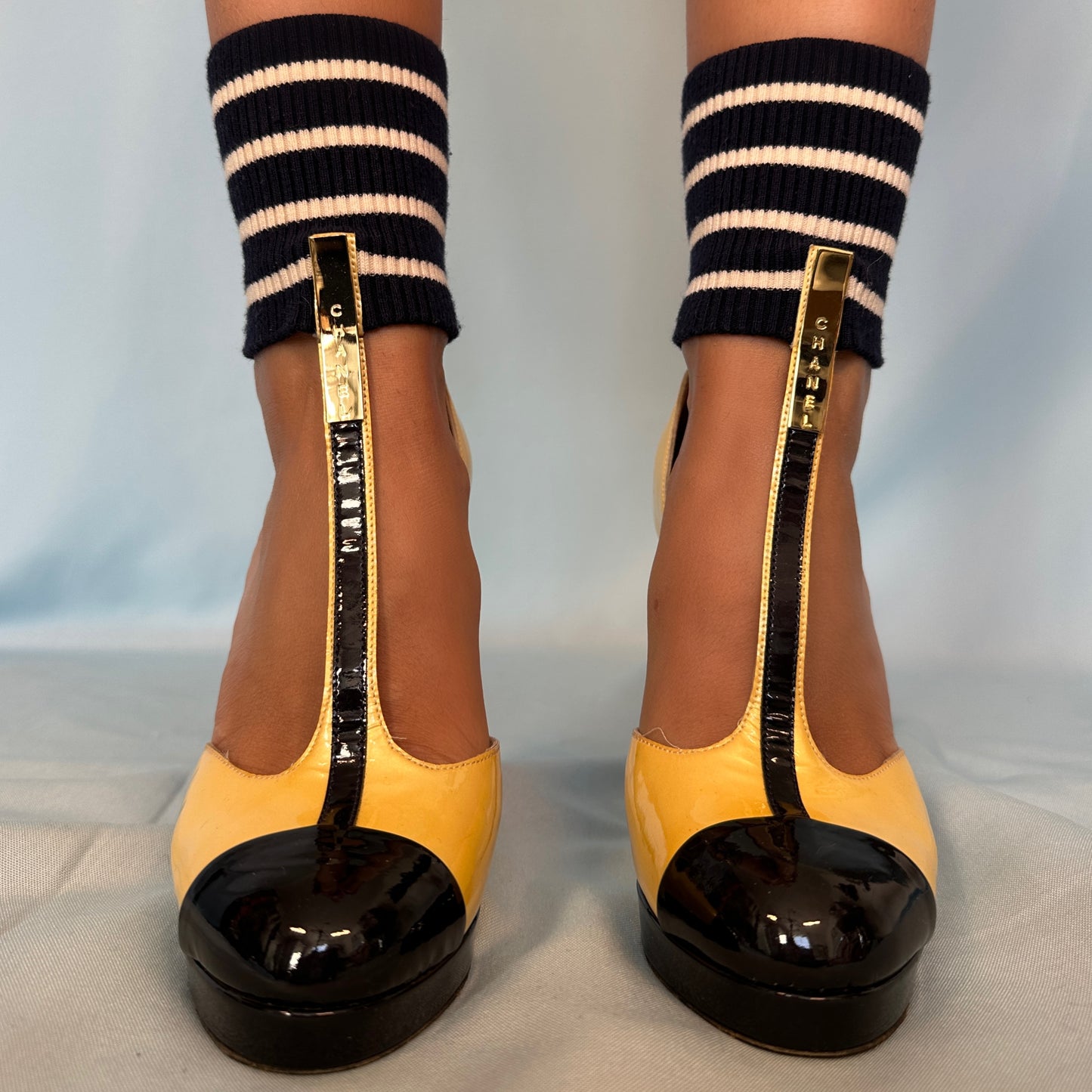 Chanel 2008 Runway Yellow & Black Patent Stripe Sock Heels