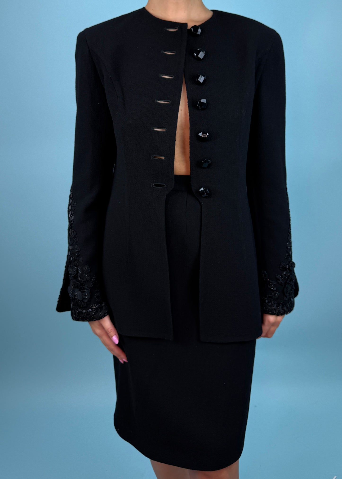 Valentino Fall 1994 Runway Black Embellished Jacket & Skirt Suit Set