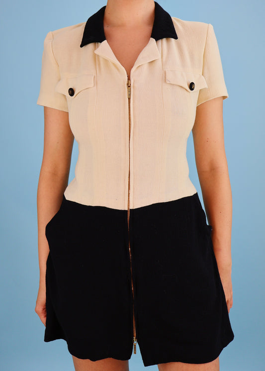 Chanel Spring 1995 Runway Cream & Black Zip Up Mini Dress