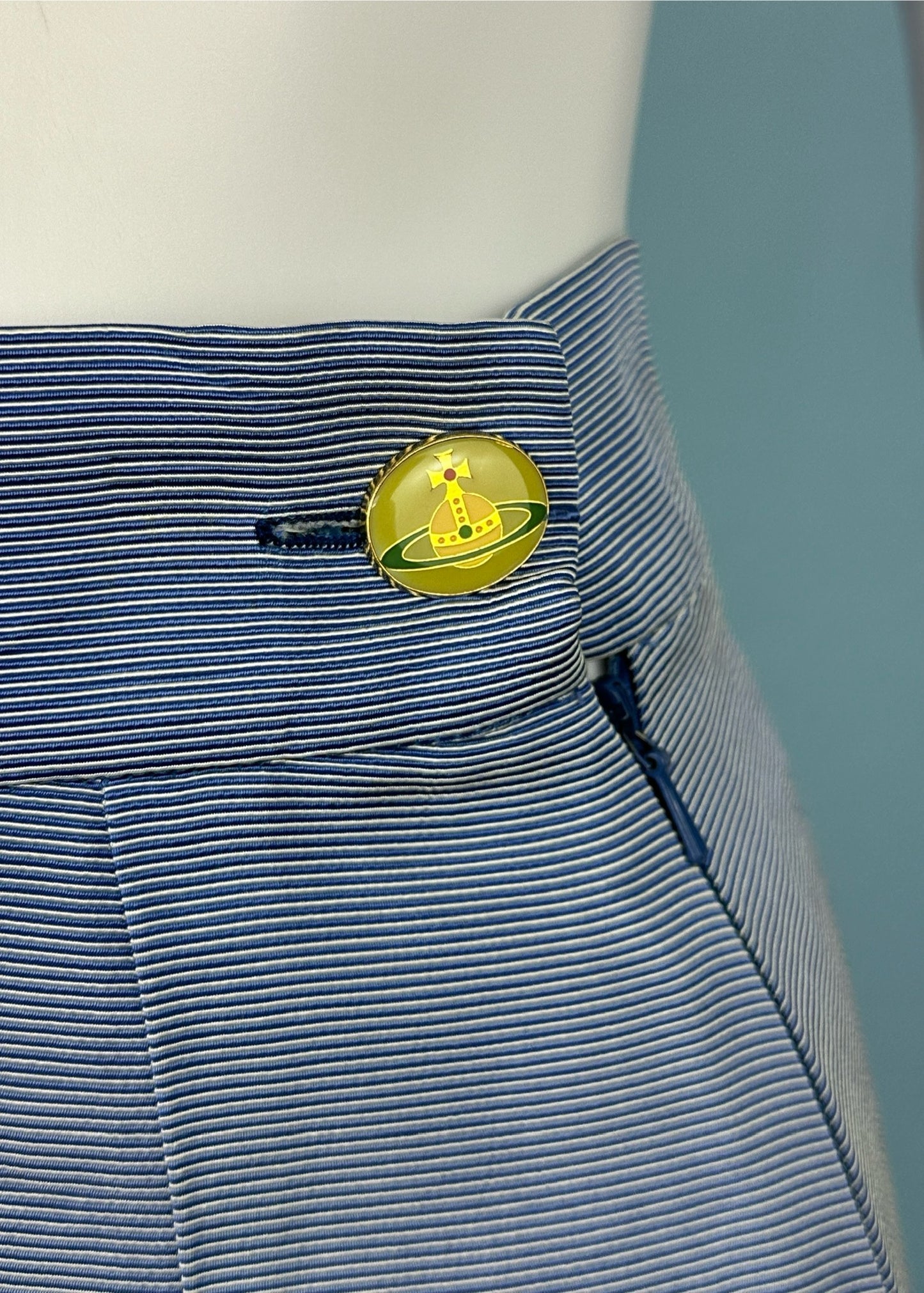 Vivienne Westwood Blue & White Stripe Enamel Orb Button Mini Skirt