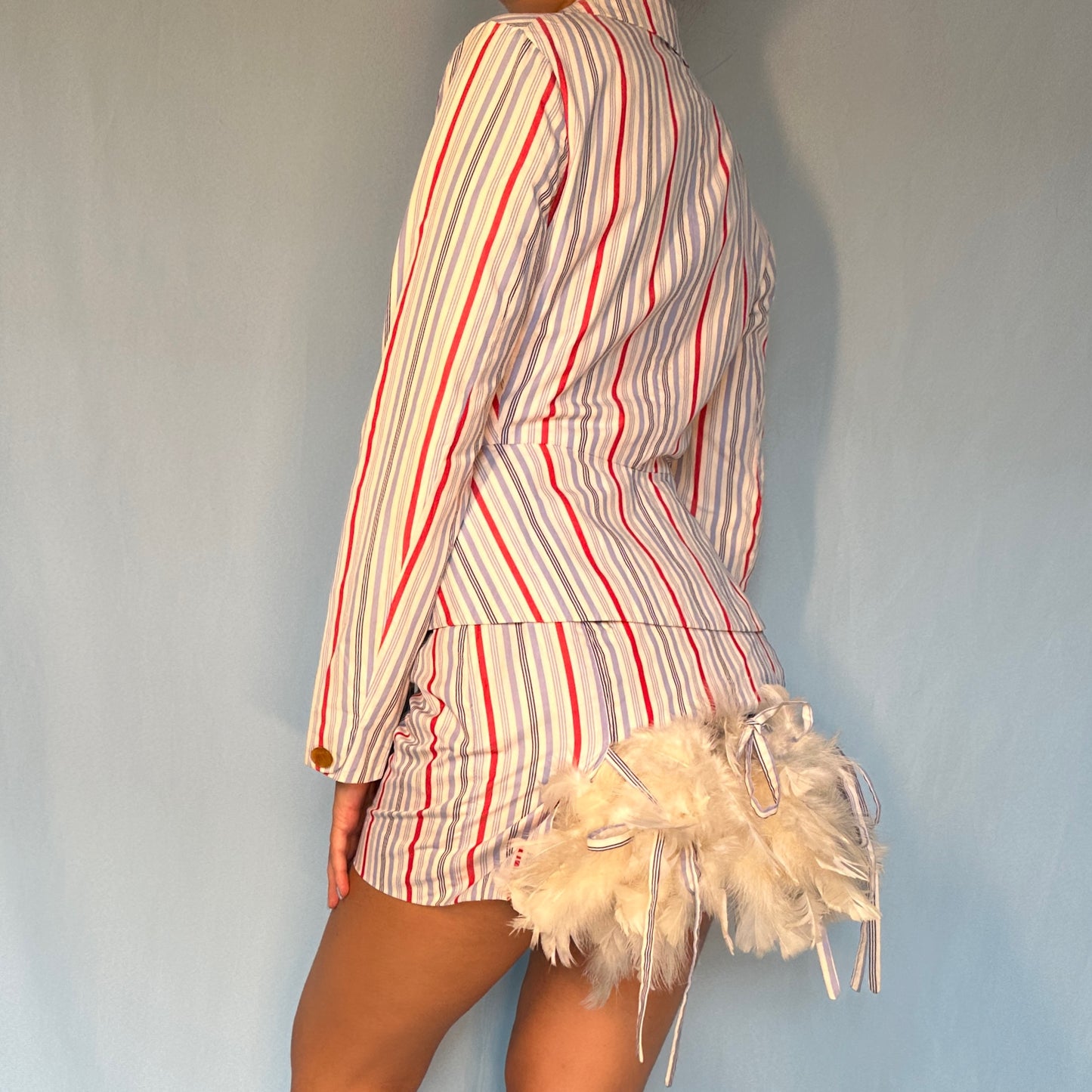 Vivienne Westwood Spring 1994 “Cafe Society” Runway Feather Bustle Striped Skirt & Jacket Suit Set