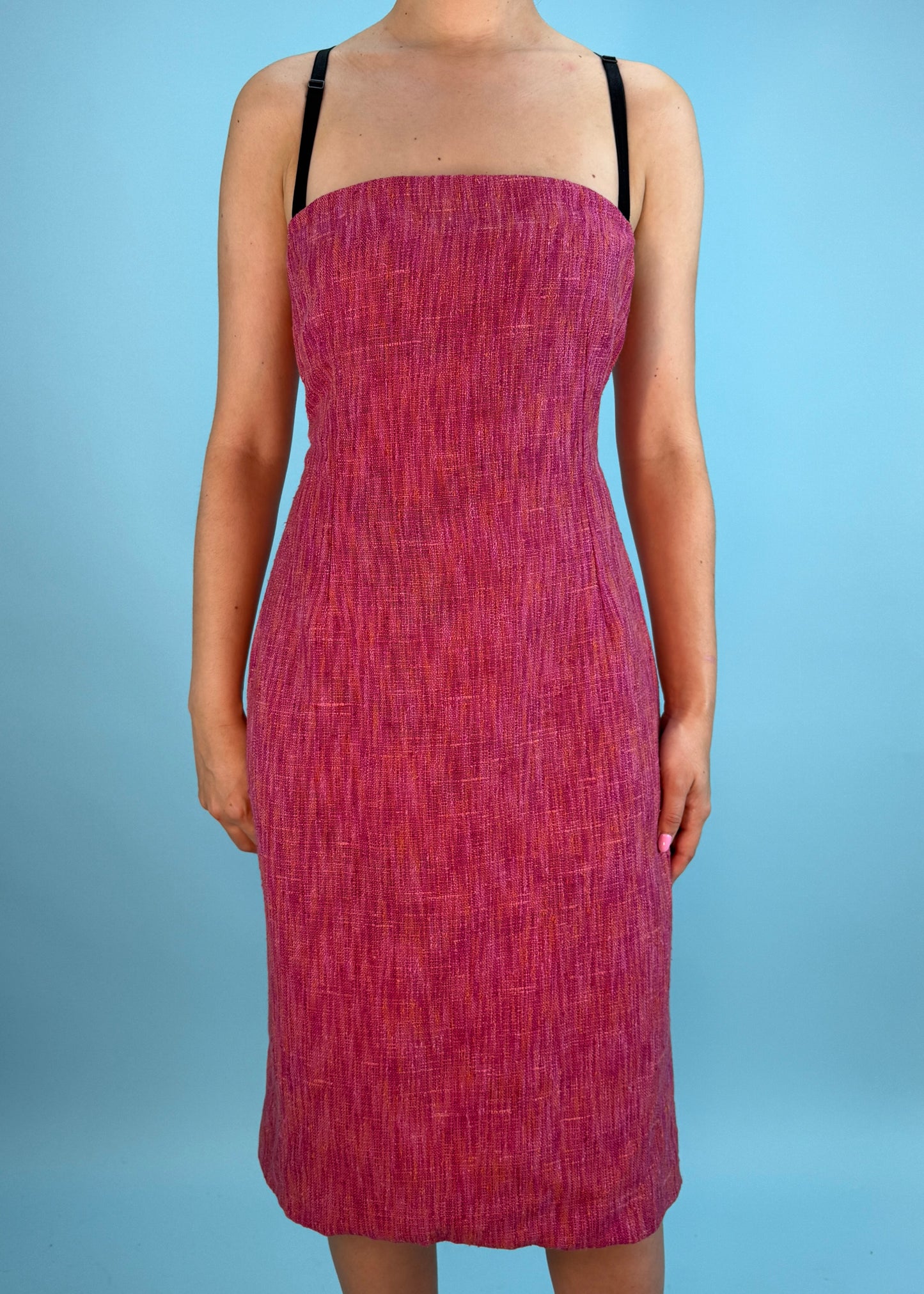 Dolce & Gabbana Pink Tweed Built in Bra Midi Dress