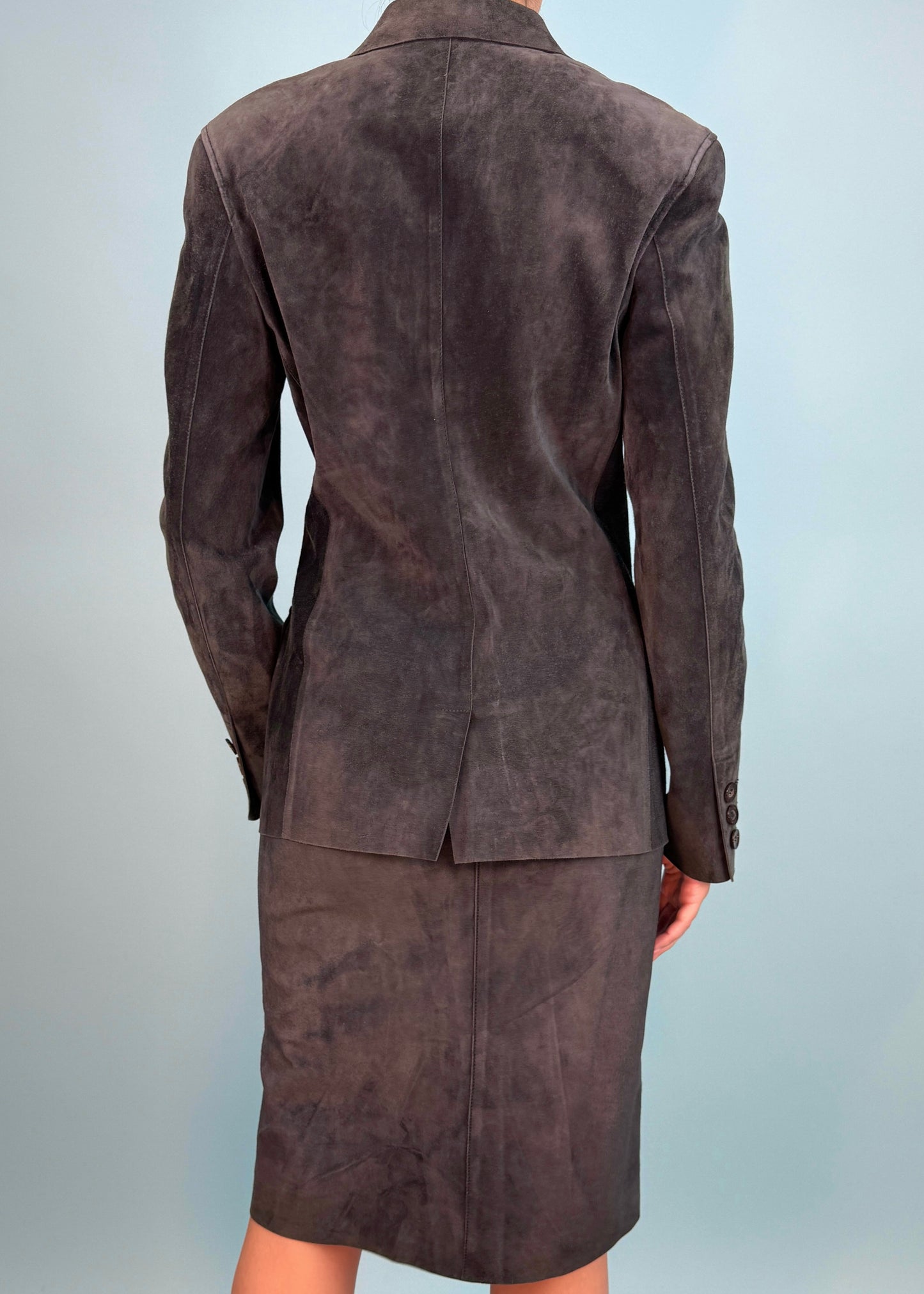 Gucci Spring 1998 Grey Suede Jacket & Skirt Suit Set