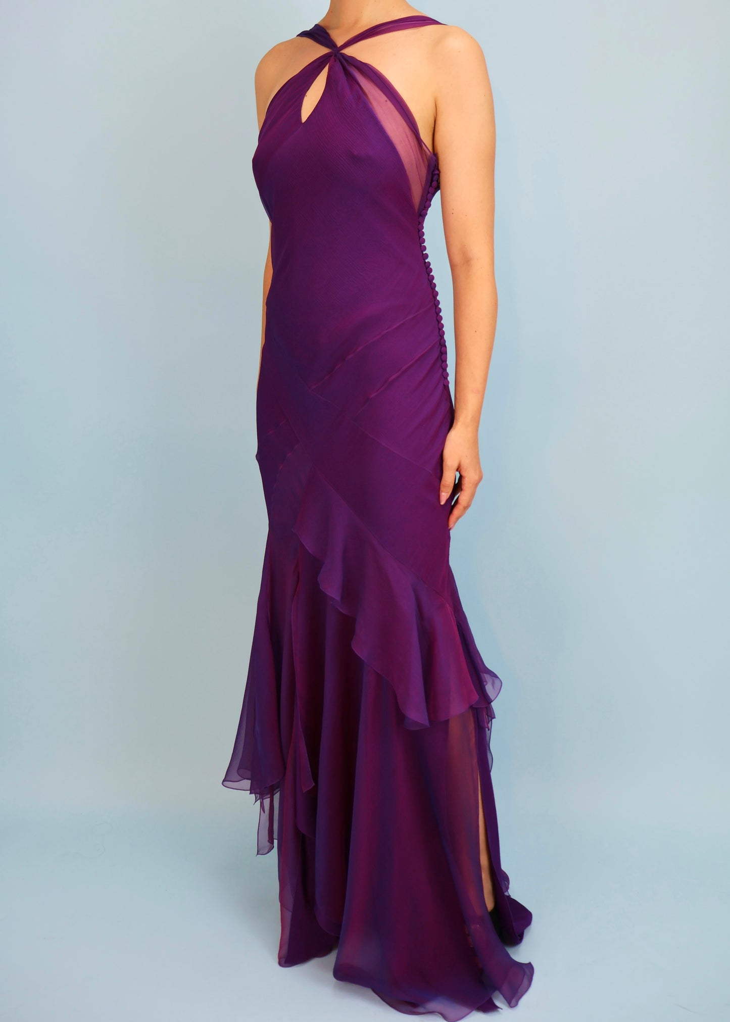 Dior Spring 2005 Purple Iridescent Silk Chiffon Peephole Halter Gown & Scarf