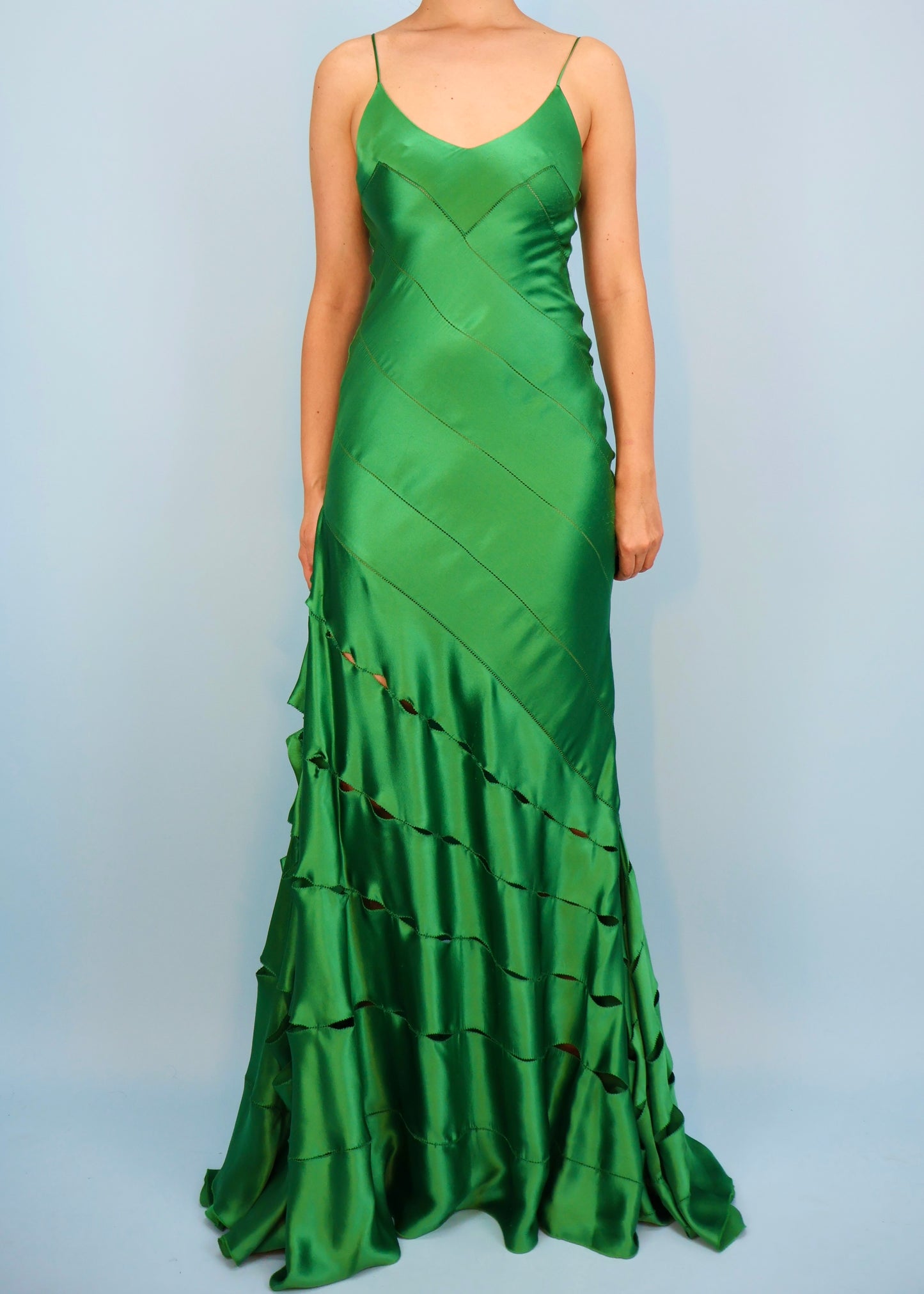 Roberto Cavalli Green Silk Satin Cut Out Gown