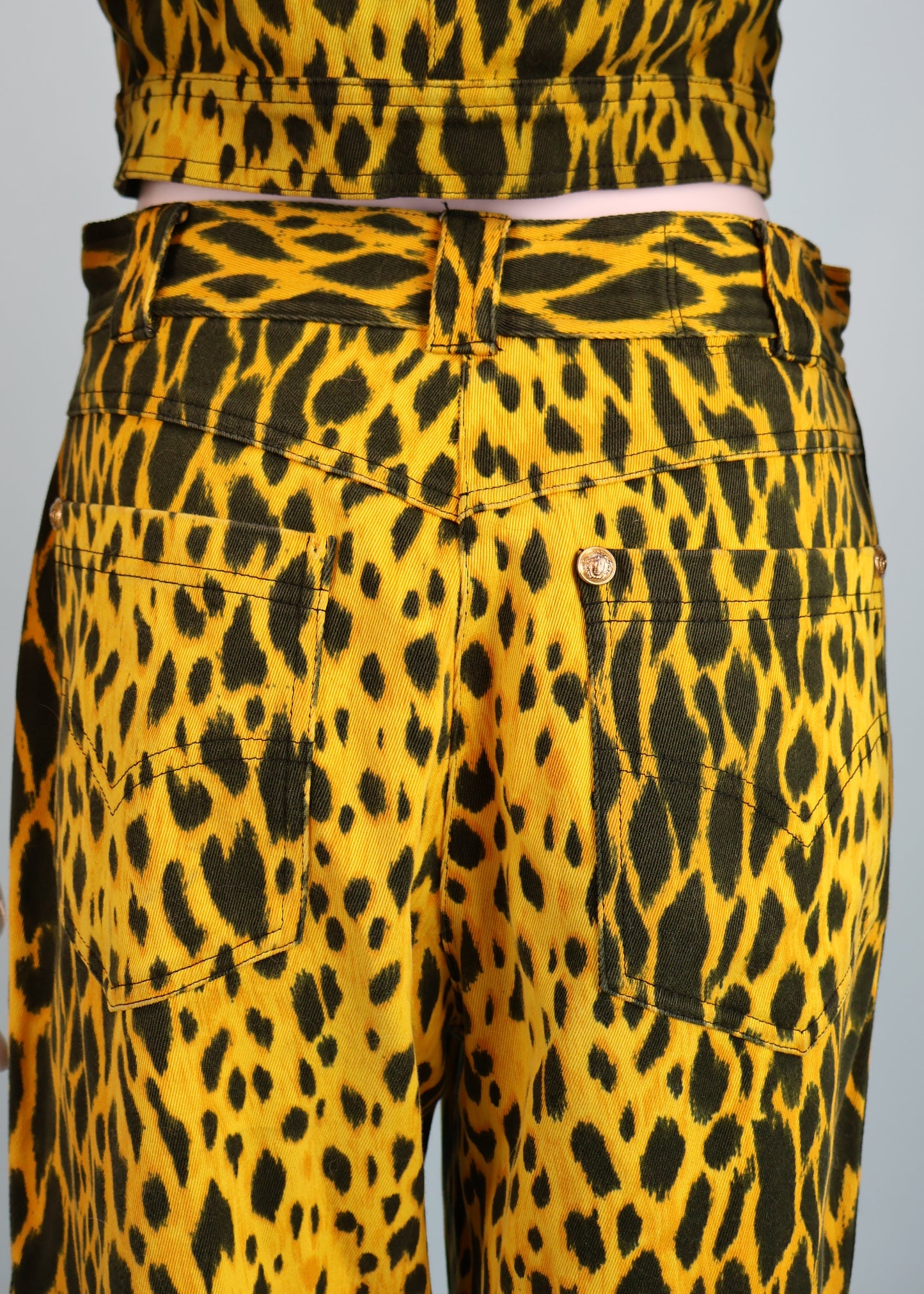 Versace Spring 1992 Runway Yellow Cheetah Print Denim Jacket & Jeans Sets