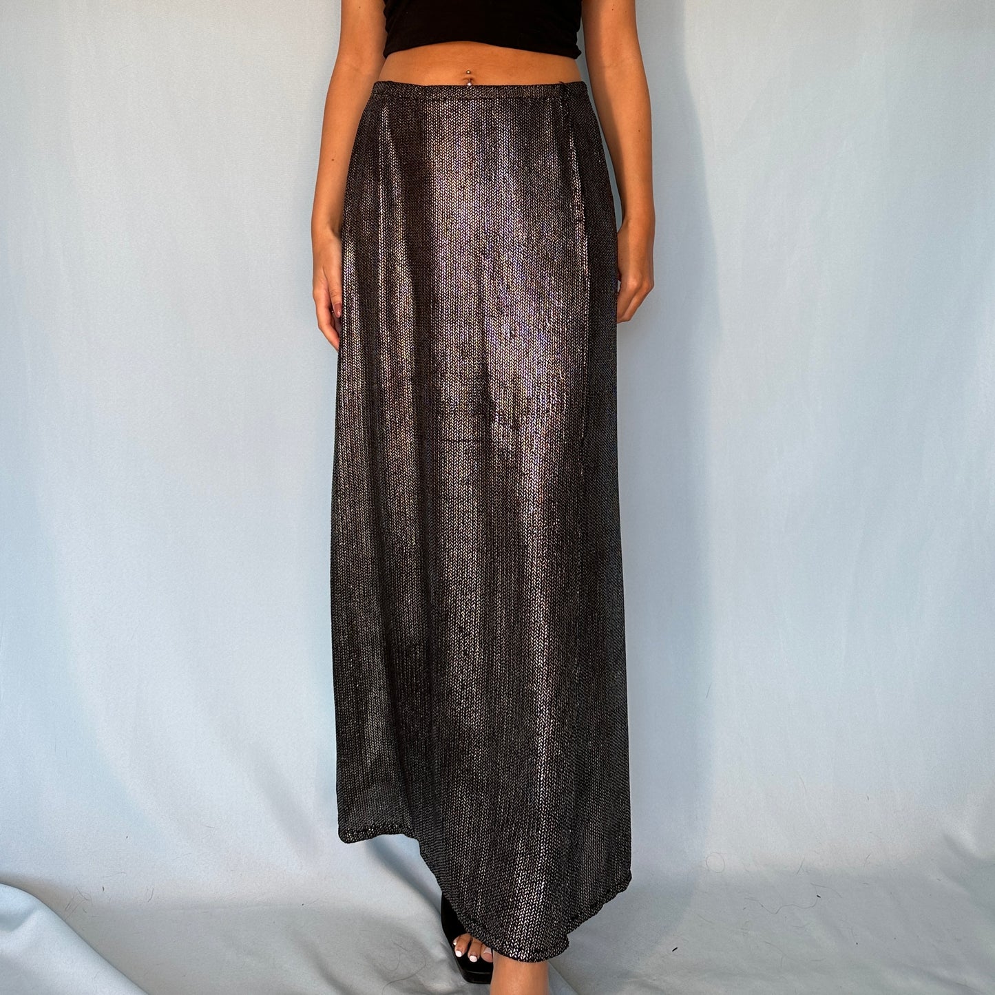 Anna Sui Metallic Silver Knit Maxi Skirt