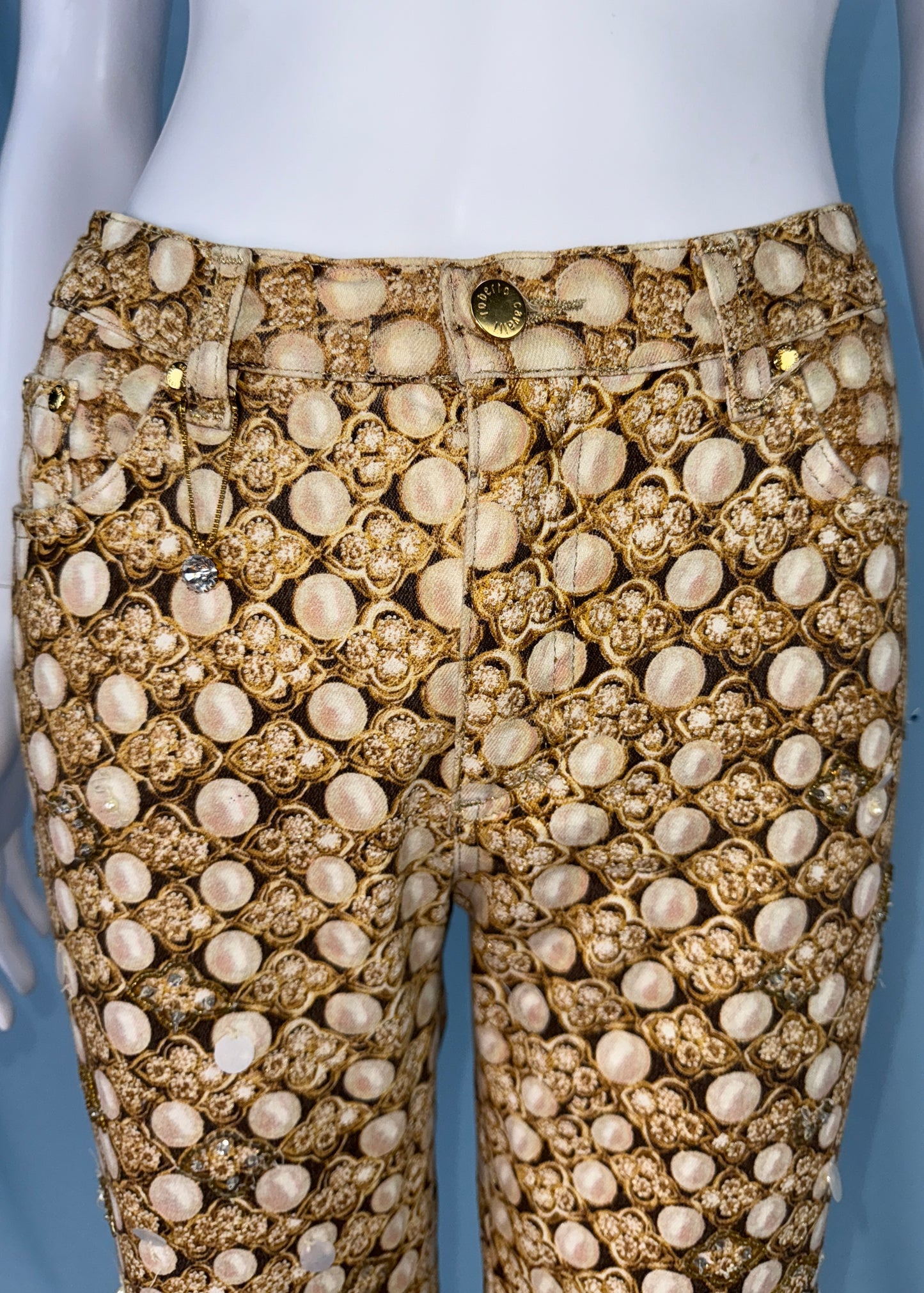 Roberto Cavalli Bead & Pearl Embellished Printed Jeans