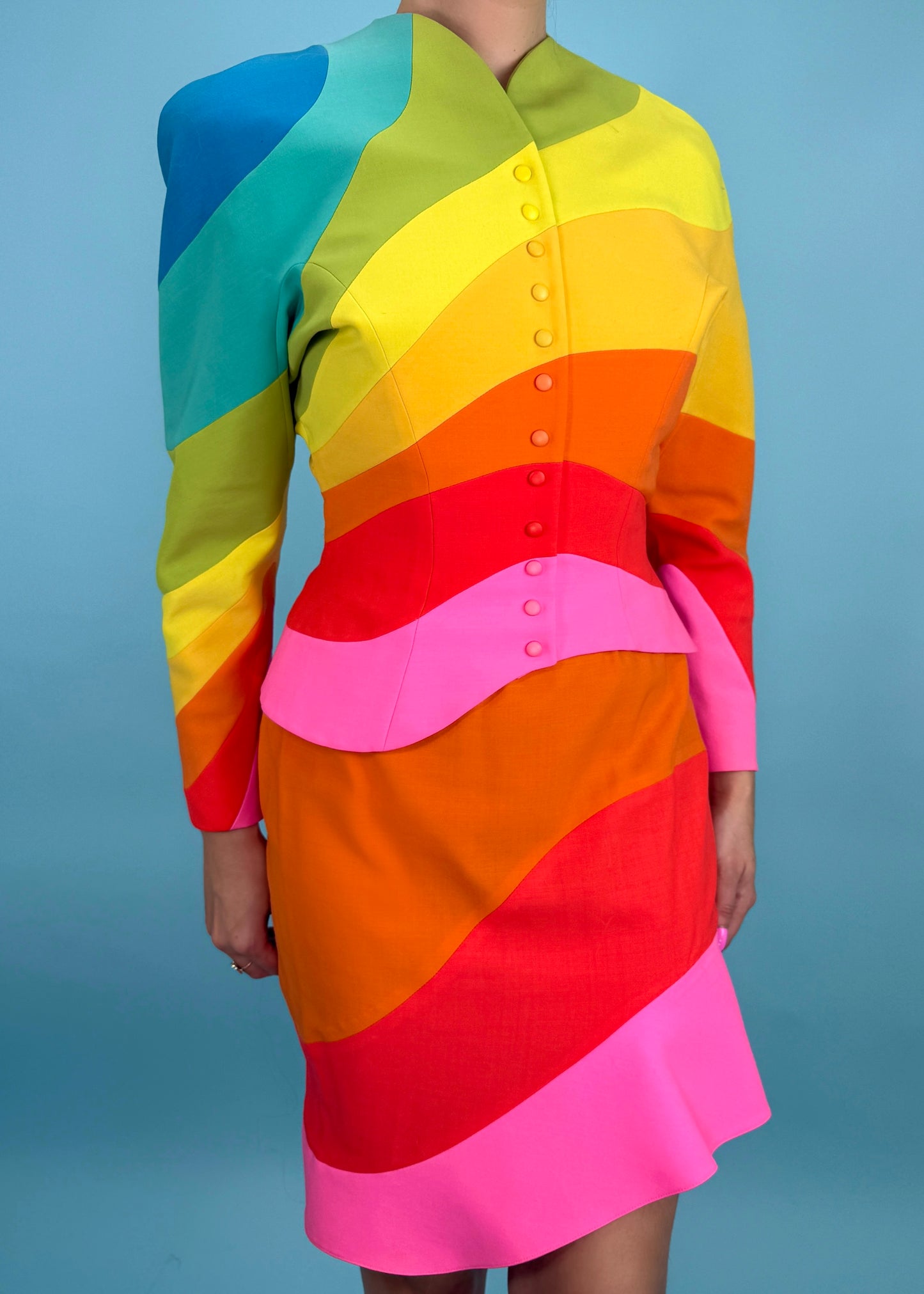 Thierry Mugler Spring 1990 Runway "Arc En Ciel" Rainbow Jacket & Skirt Suit