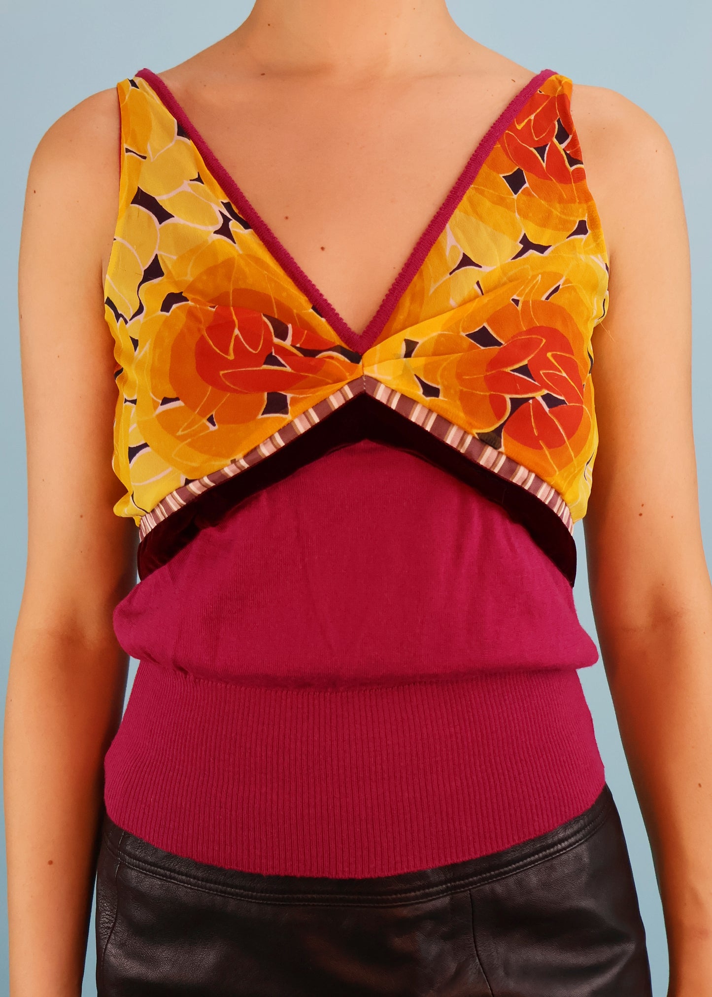 John Galliano Orange & Pink Silk Chiffon & Knitted Tank Top & Cardigan Twin Set