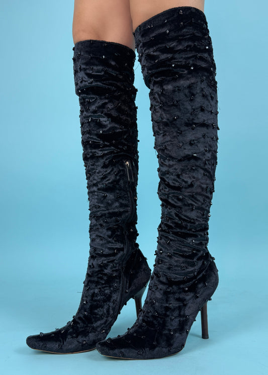 Gucci Fall 1999 Runway Black Velvet Beaded Heeled Boots