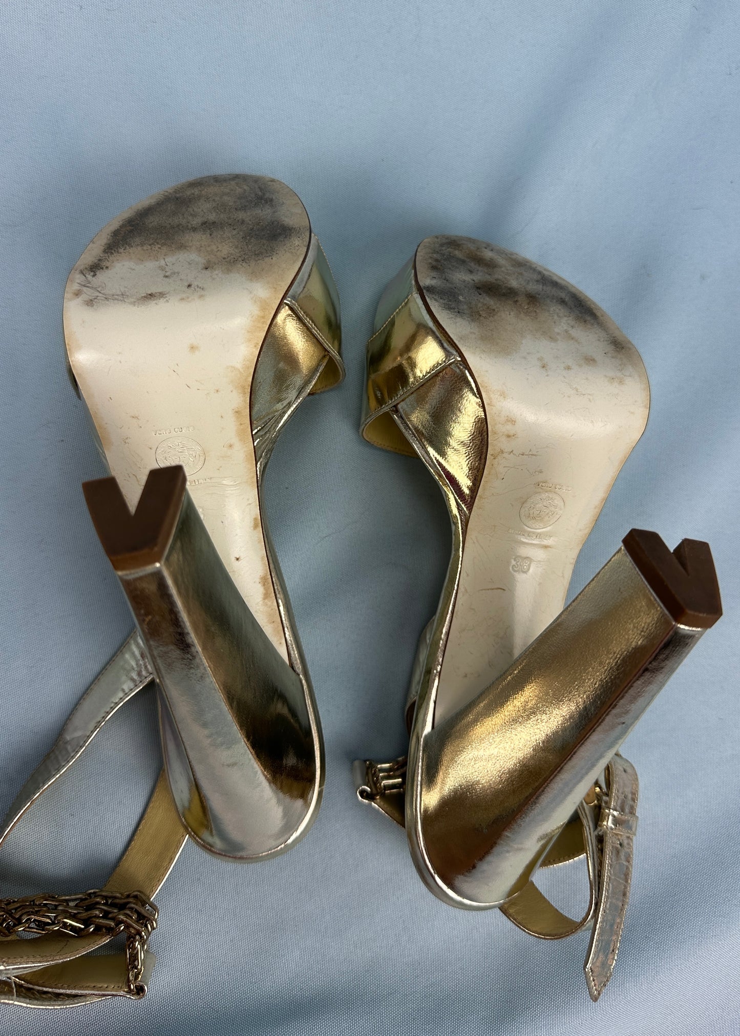 Versace Metallic Gold Chain Detail Platform Heels