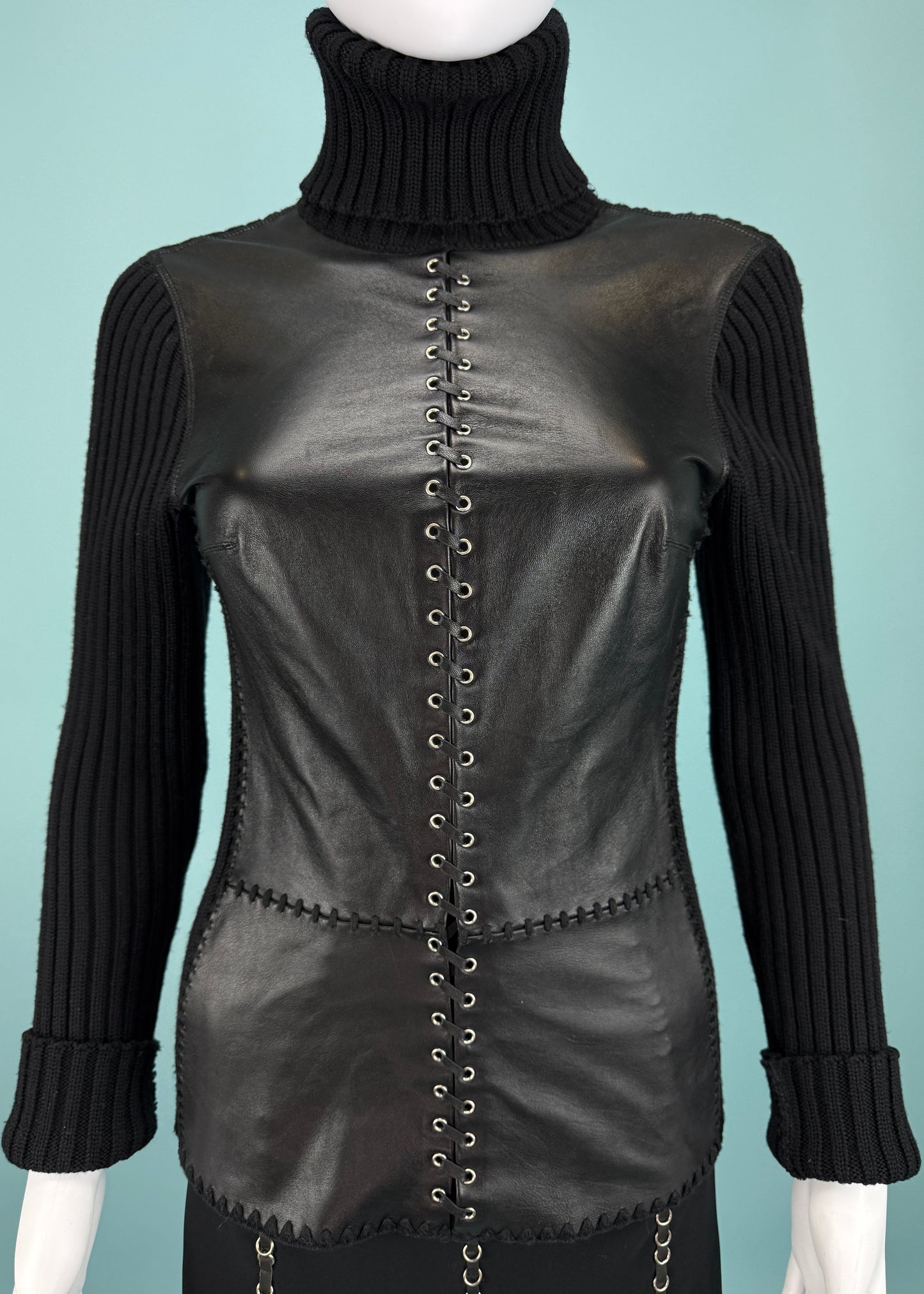 Paco Rabanne Fall 2001 Runway Leather & Knit Top & Skirt Set